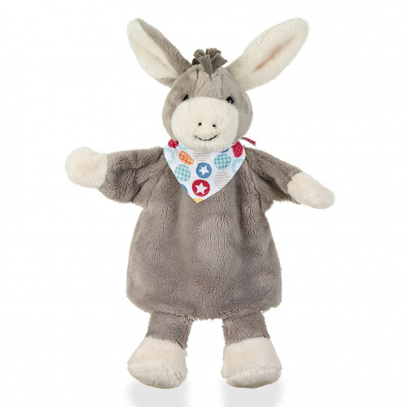Sterntaler baby hand puppet donkey Emmi, grey fur with long floppy ears and a colourful bandana