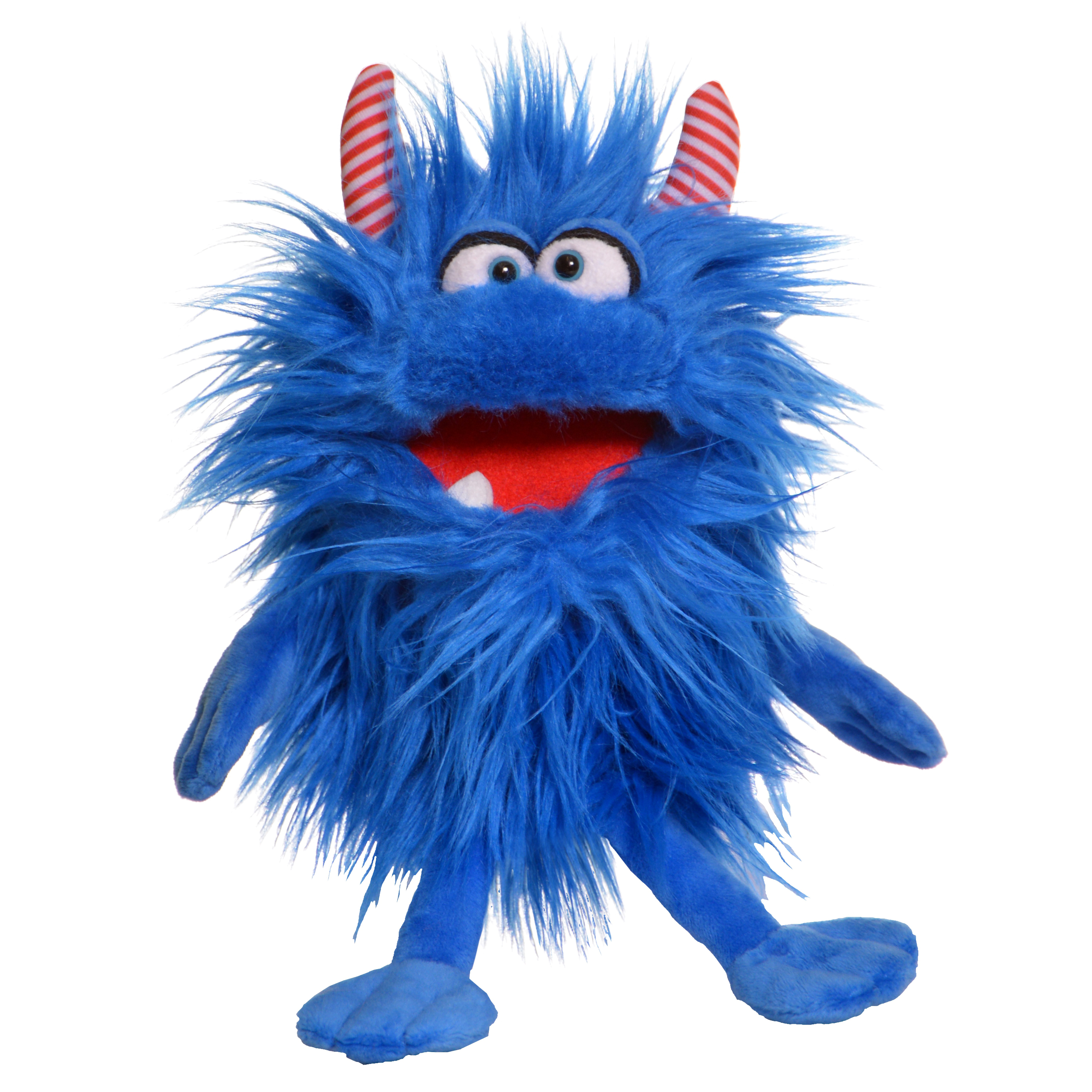 Living Puppets Handpuppe Klein Schmackes, blaues Zottelmonster mit rot-weiß gestreiften Hörnern und geöffnetem rotem Mund