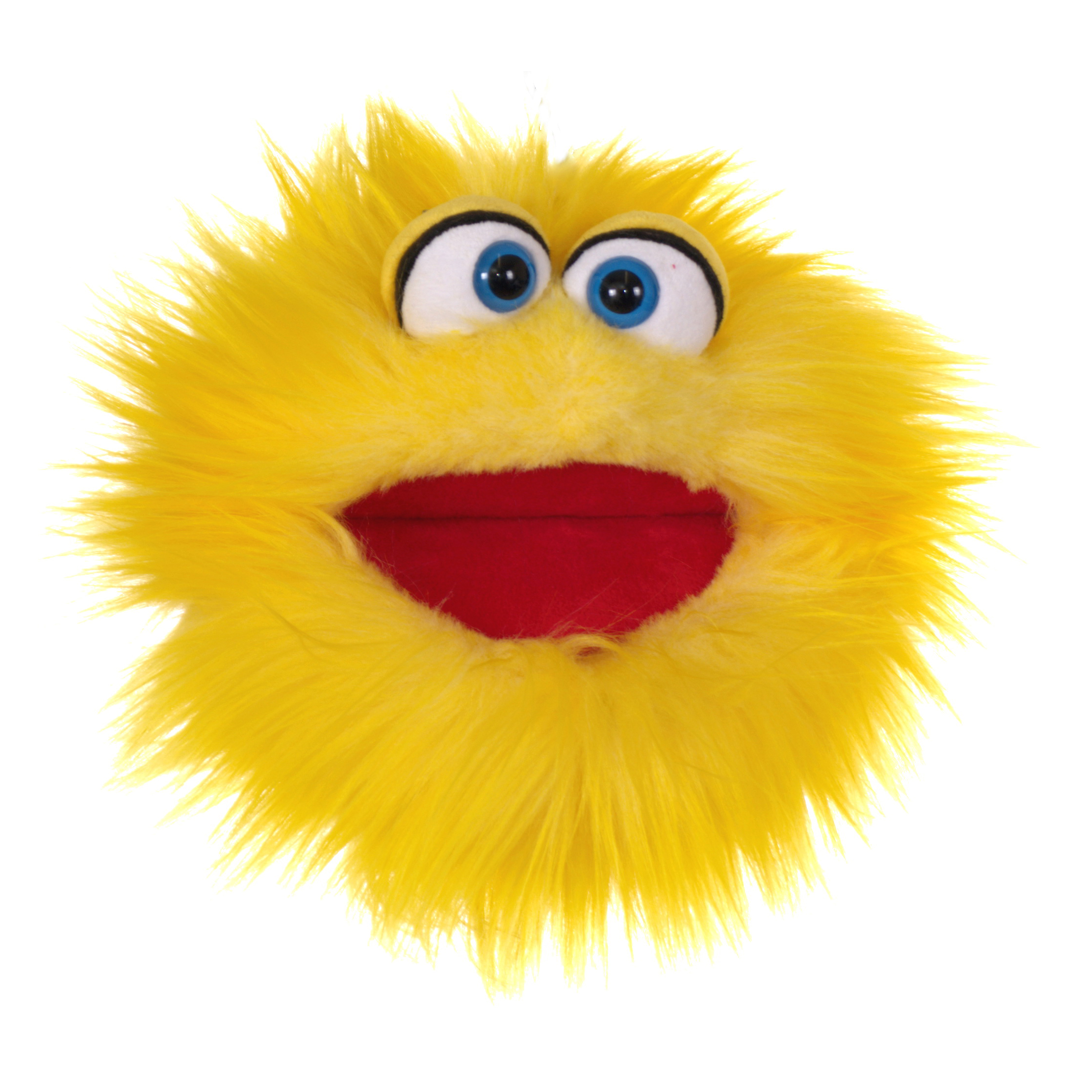Living Puppets Handpuppe Quasselkasper, gelbes Zottelmonster mit blauen Augen und weit geöffnetem rotem Mund, Frontalansicht