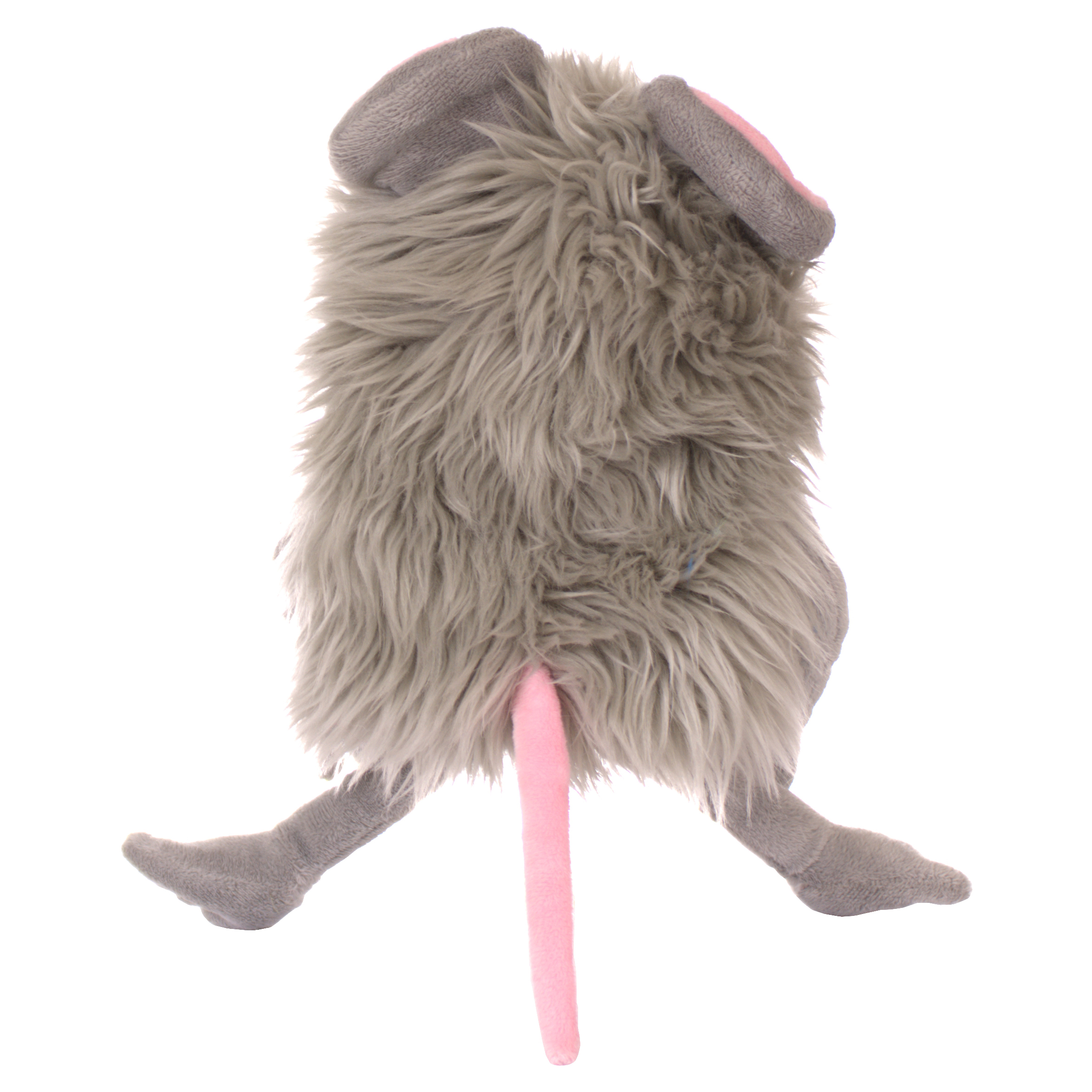 Living Puppets hand puppet Tüddel, grey shaggy mouse with a pink tail, back view