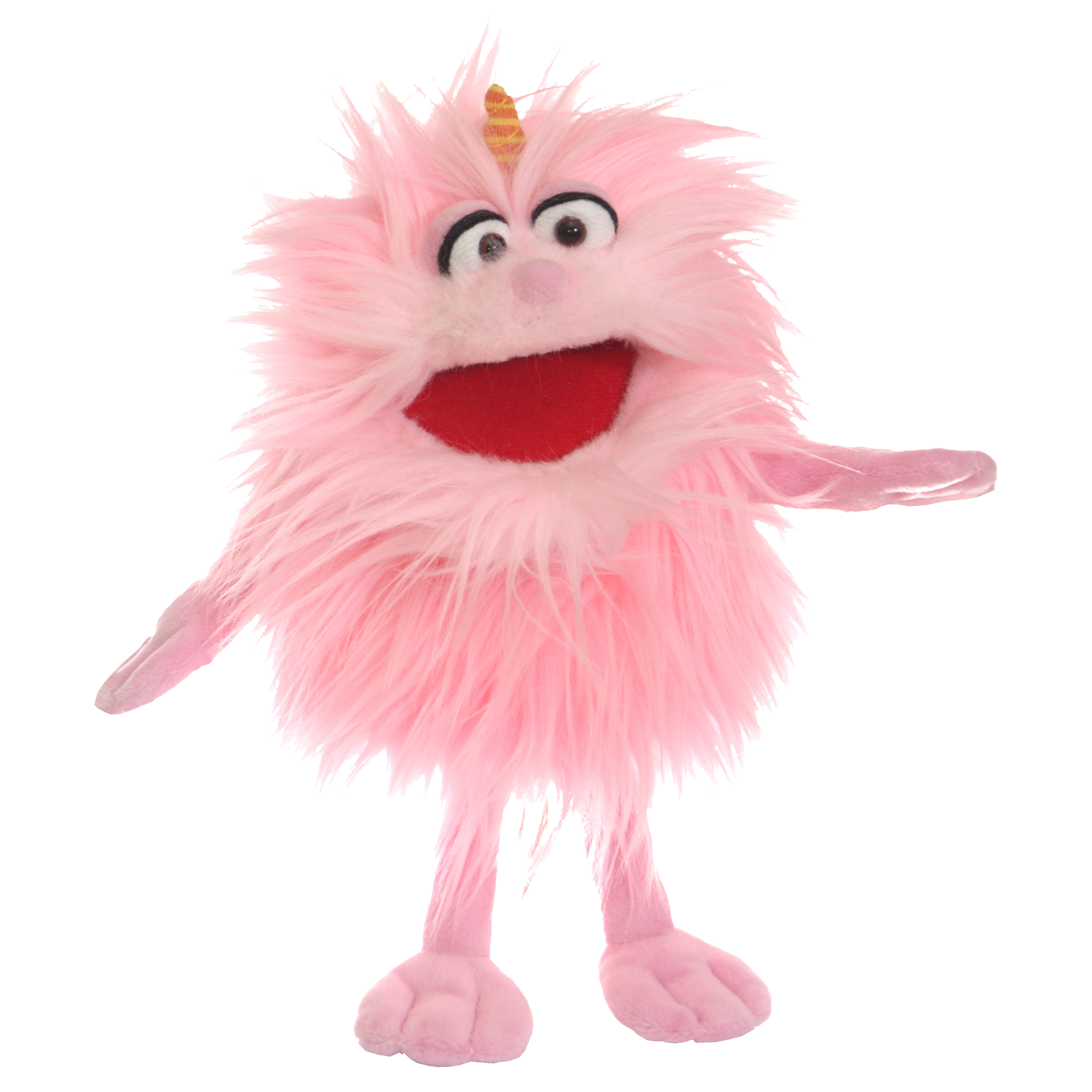 Living Puppets Handpuppe Klein Bonsche, rosa Zottelmonster mit kleinem orangefarbenem Horn und geöffnetem rotem Mund, Arme ausgebreitet