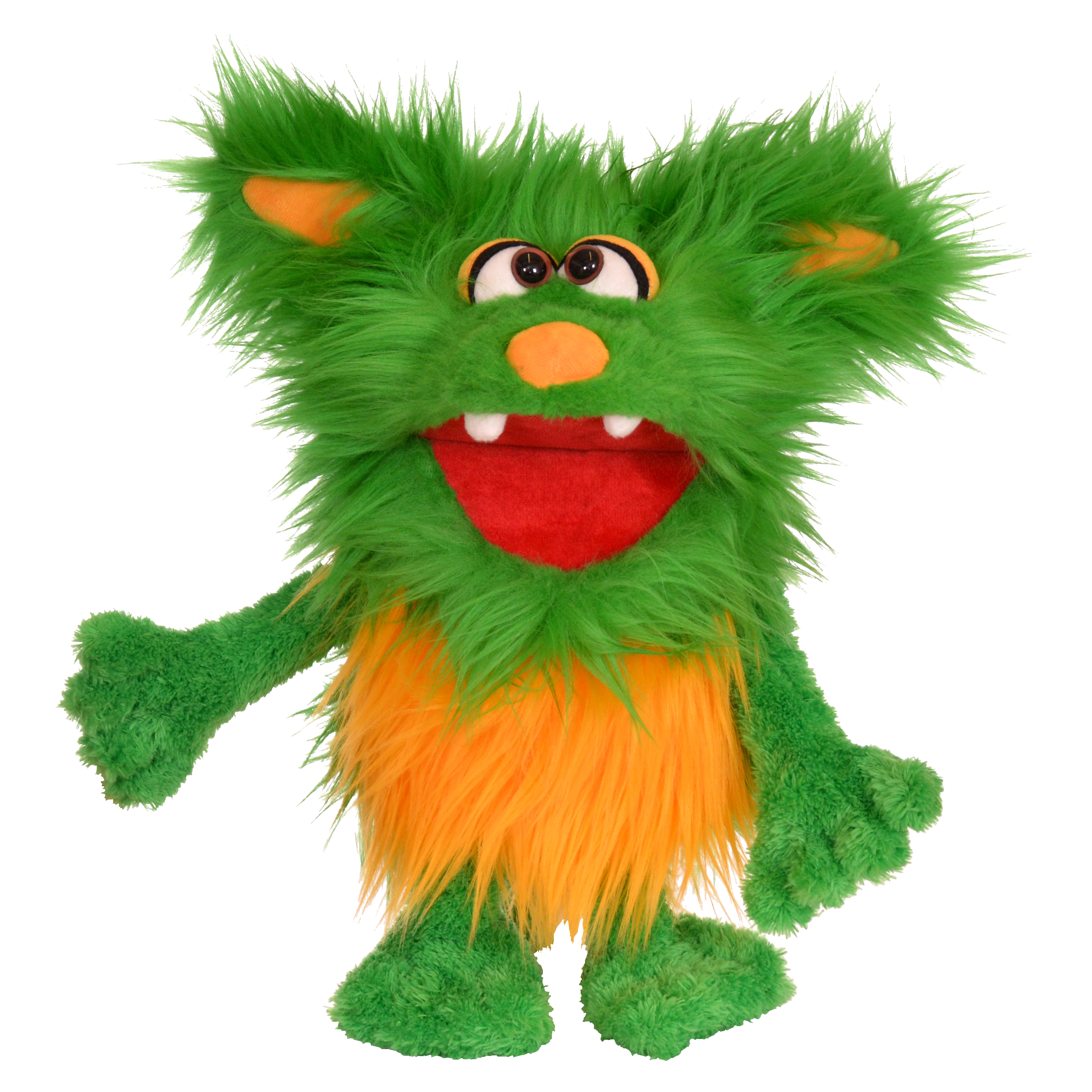 Living Puppets Handpuppe Schotter, grünes Zottelmonster mit orangefarbenem Bauchfell und sichtbaren Zähnen, ein Arm zur Seite gestreckt