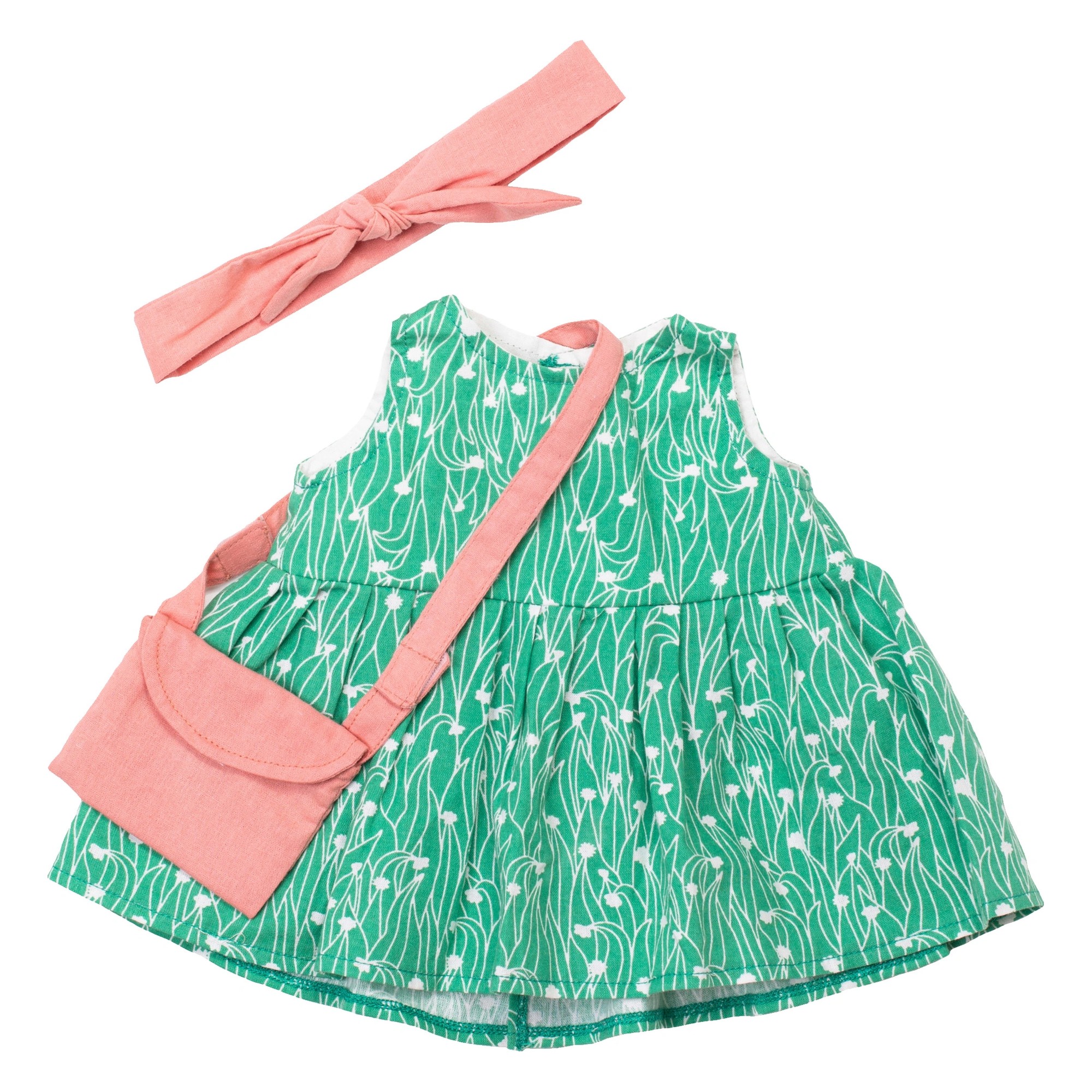 Dress set by Rubens Barn: green patterned dress with pink hairband and shoulder bag