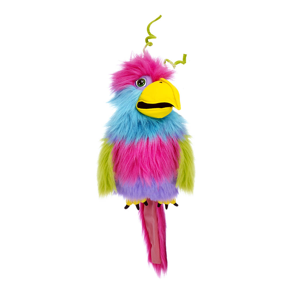 The Puppet Company Handpuppe Paradiesvogel mit Geräusch, bunter Vogel mit pinkem Kopf und langem rosa Federschwanz, Frontansicht