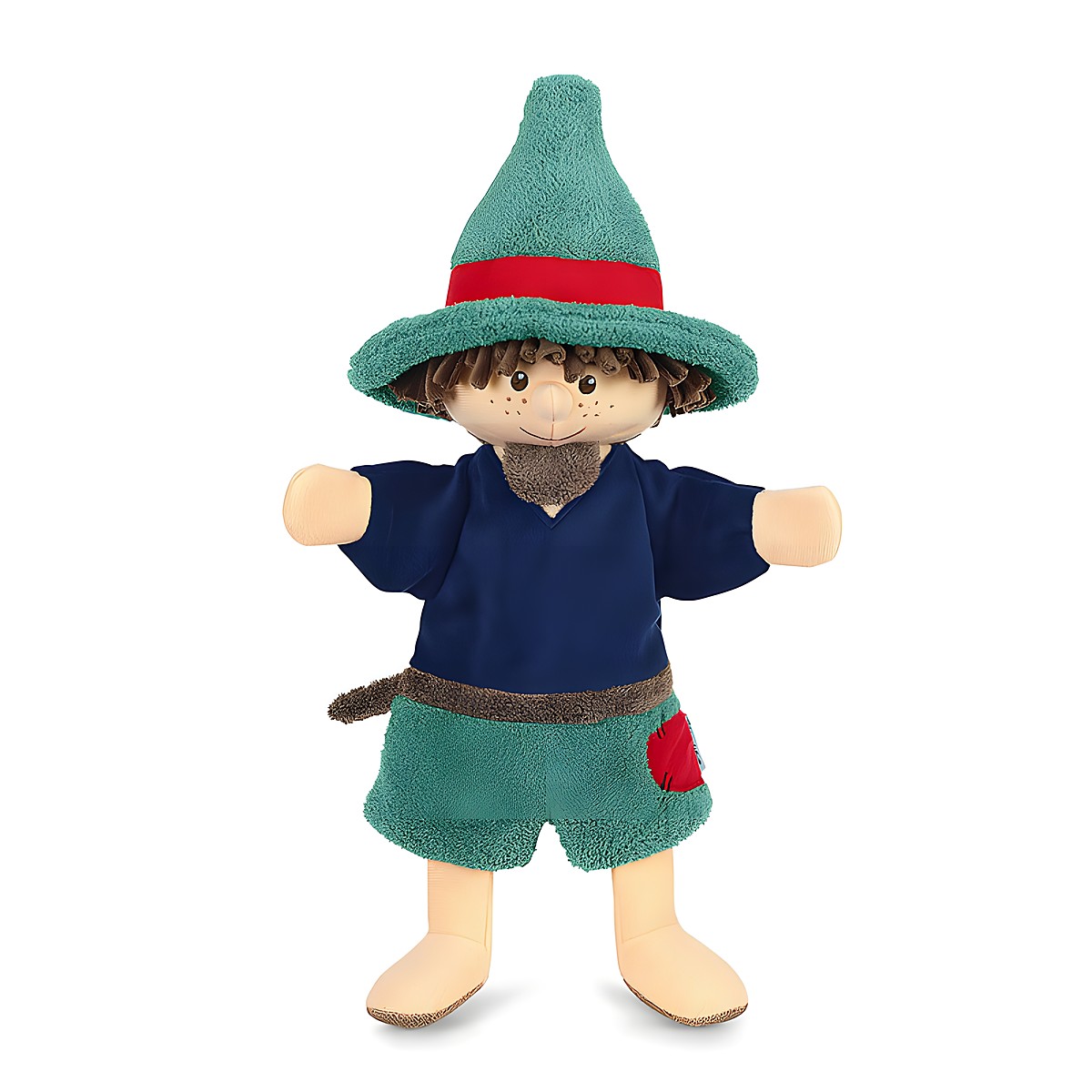 Sterntaler Baby-Handpuppe Räuber, grüner Spitzhut mit rotem Band, dunkelblaues Oberteil und Bart