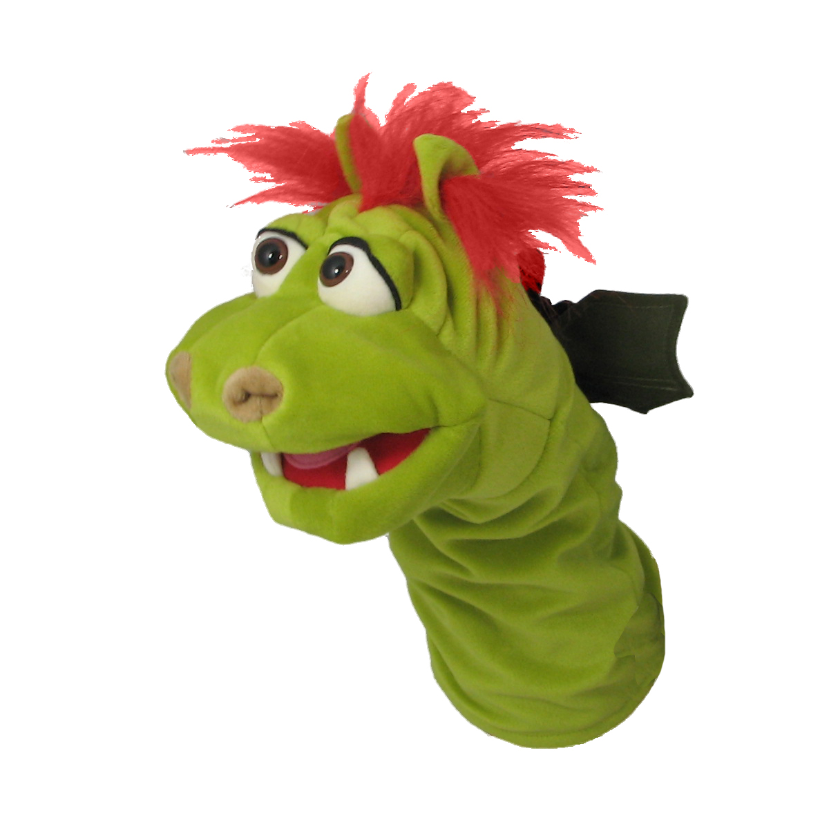 Living Puppets Strumpfhandpuppe Gregor der Drache, grün mit rotem Haarschopf und dunklen Flügeln, Dreiviertelansicht