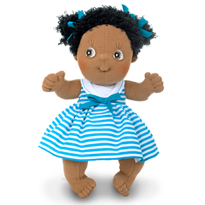 Rubens Cutie doll Jennifer with black curls and a turquoise striped dress
