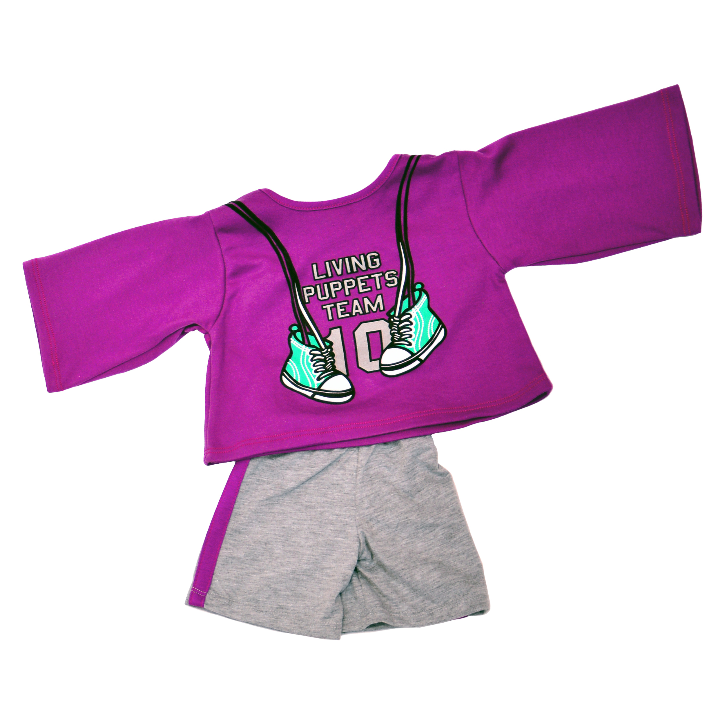 Living Puppets sportswear for 45 cm hand puppets, purple shirt with Living Puppets Team print and grey shorts
