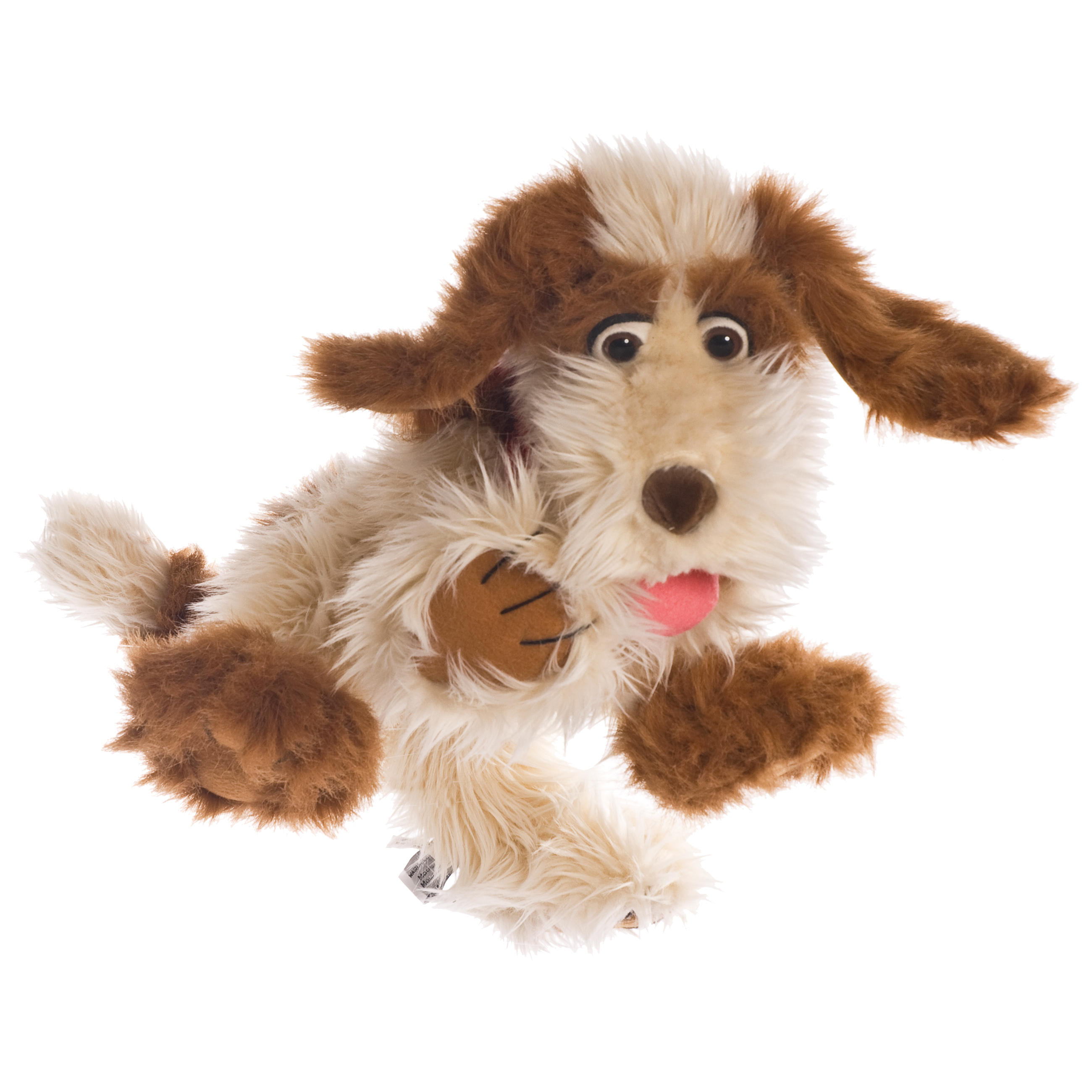 Living Puppets Handpuppe Tillmann der Hund mit cremefarbenem Fell, braunen Schlappohren und herausgestreckter Zunge, Pfote erhoben