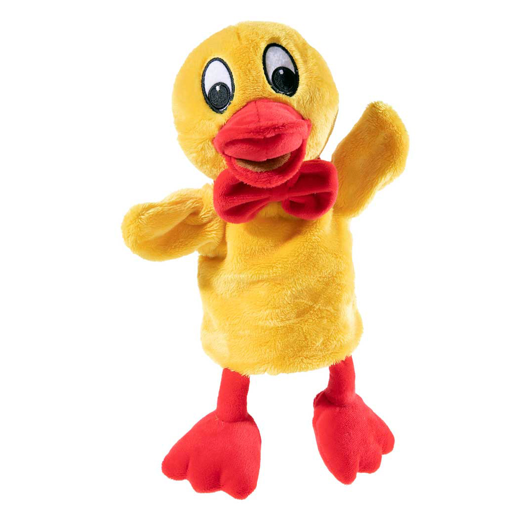 Heunec hand puppet duck Schnatterinchen, yellow plush puppet with red bow and red feet, side view
