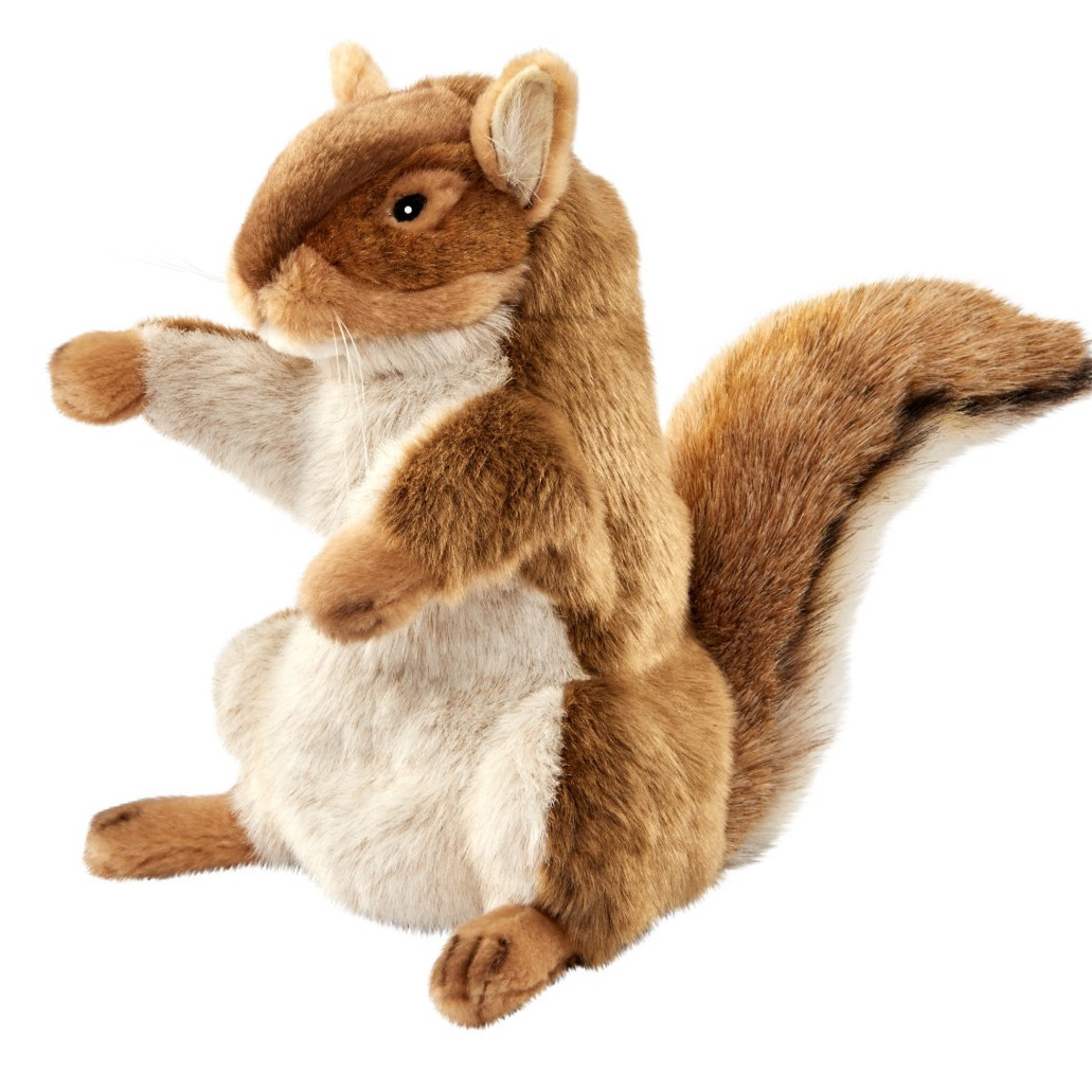 Squirrel hand puppet by Hansa Creation with brown fur, a light belly and a bushy tail