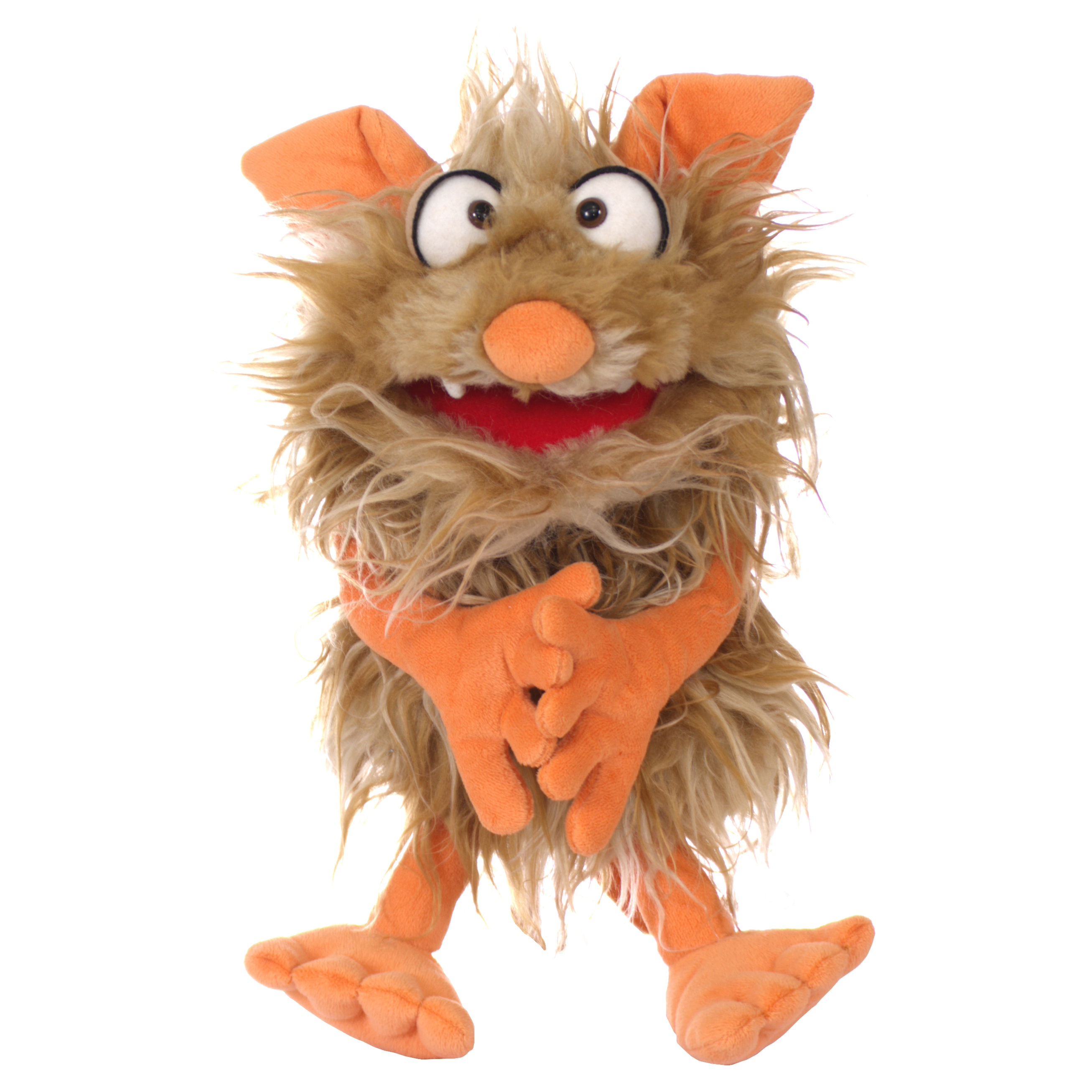 Living Puppets Handpuppe Flausi aus der Serie Monster to go: beiges Zottelmonster mit orangen Ohren und Händen