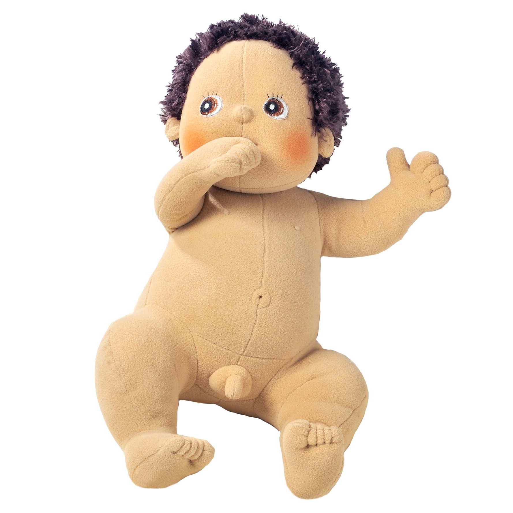 Rubens Barn Baby-Puppe Max unbekleidet mit dunklen Locken, Daumen am Mund