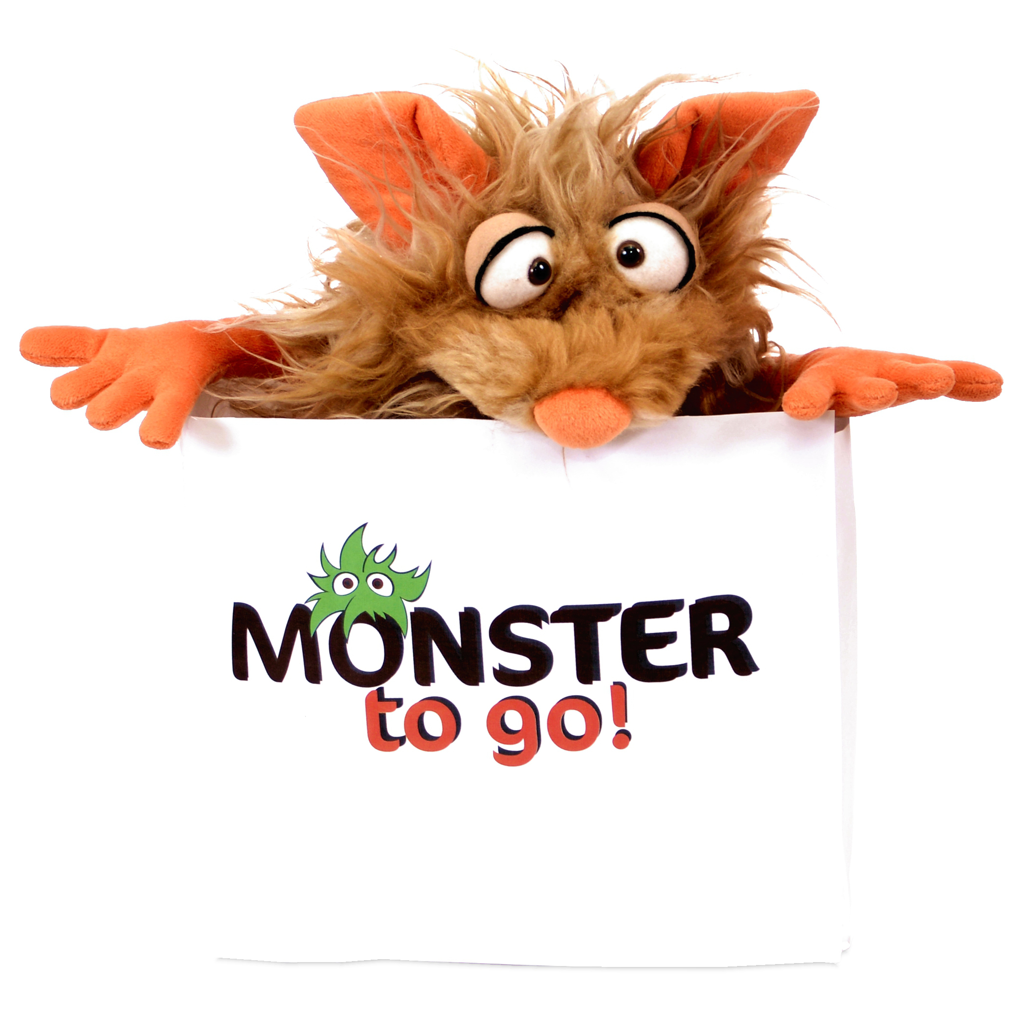 Living Puppets hand puppet Flausi peeking out of the Monster to go bag