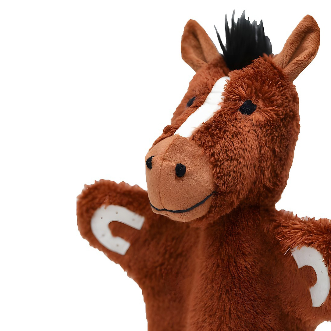 Punch and Judy puppet horse by munabo in brown with a black mane, white blaze and horseshoe appliques