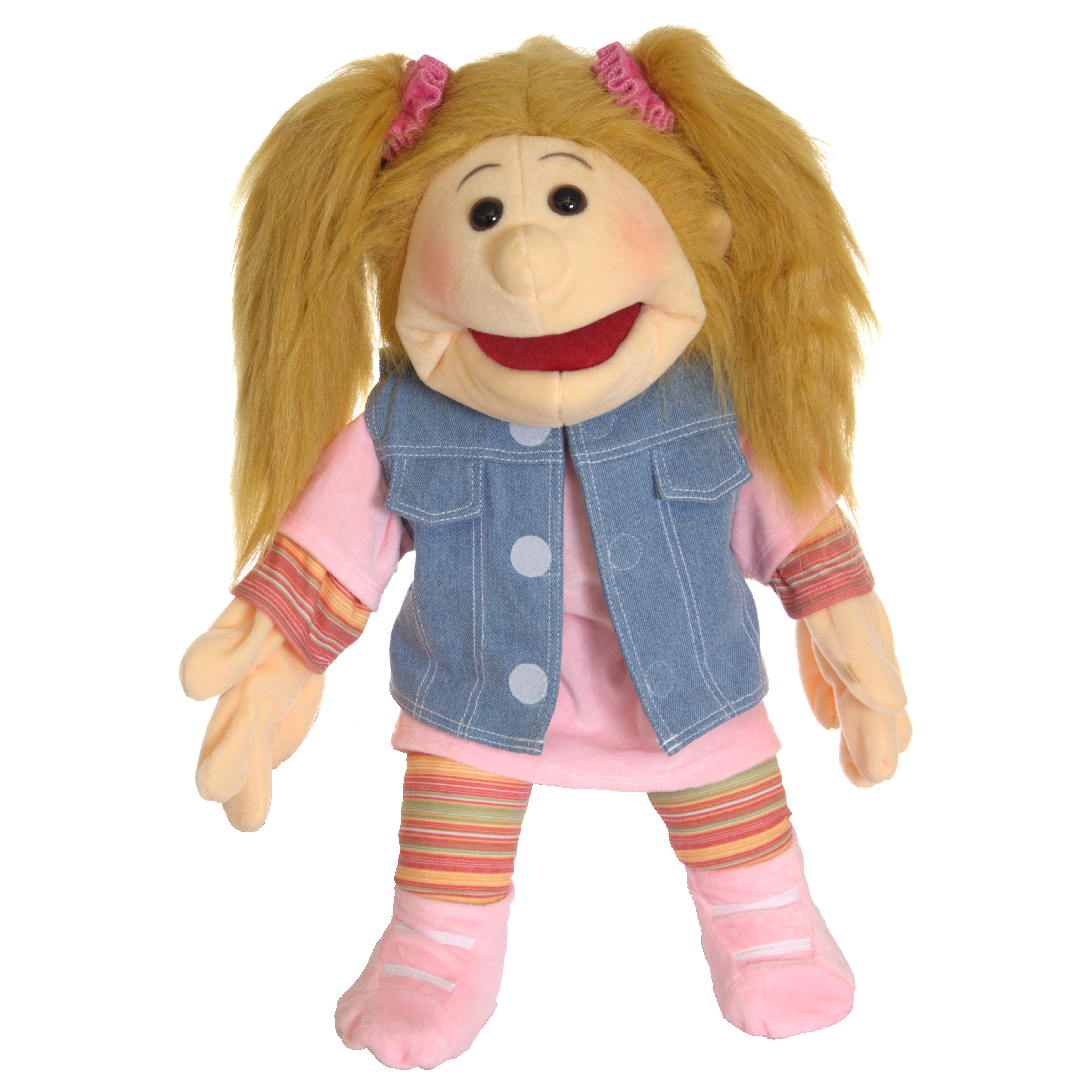 Living Puppets Handpuppe Kleine Fibi mit blonden Zöpfen, Jeansweste über rosa Shirt und rosa gestreiften Socken
