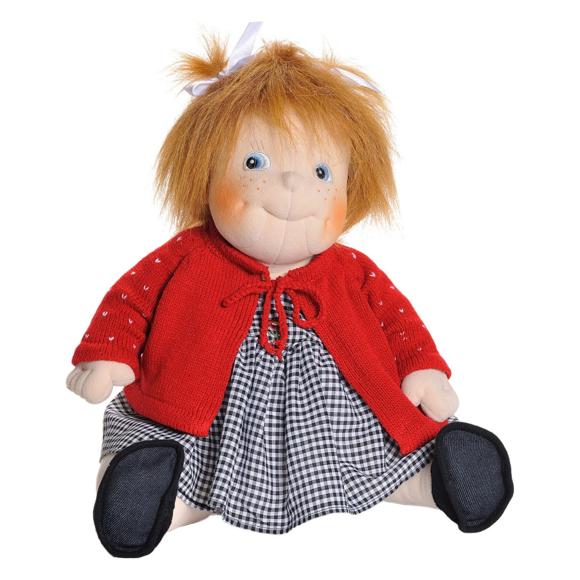 Rubens Barn Kindy doll Anna with red cardigan, chequered dress and hair bow