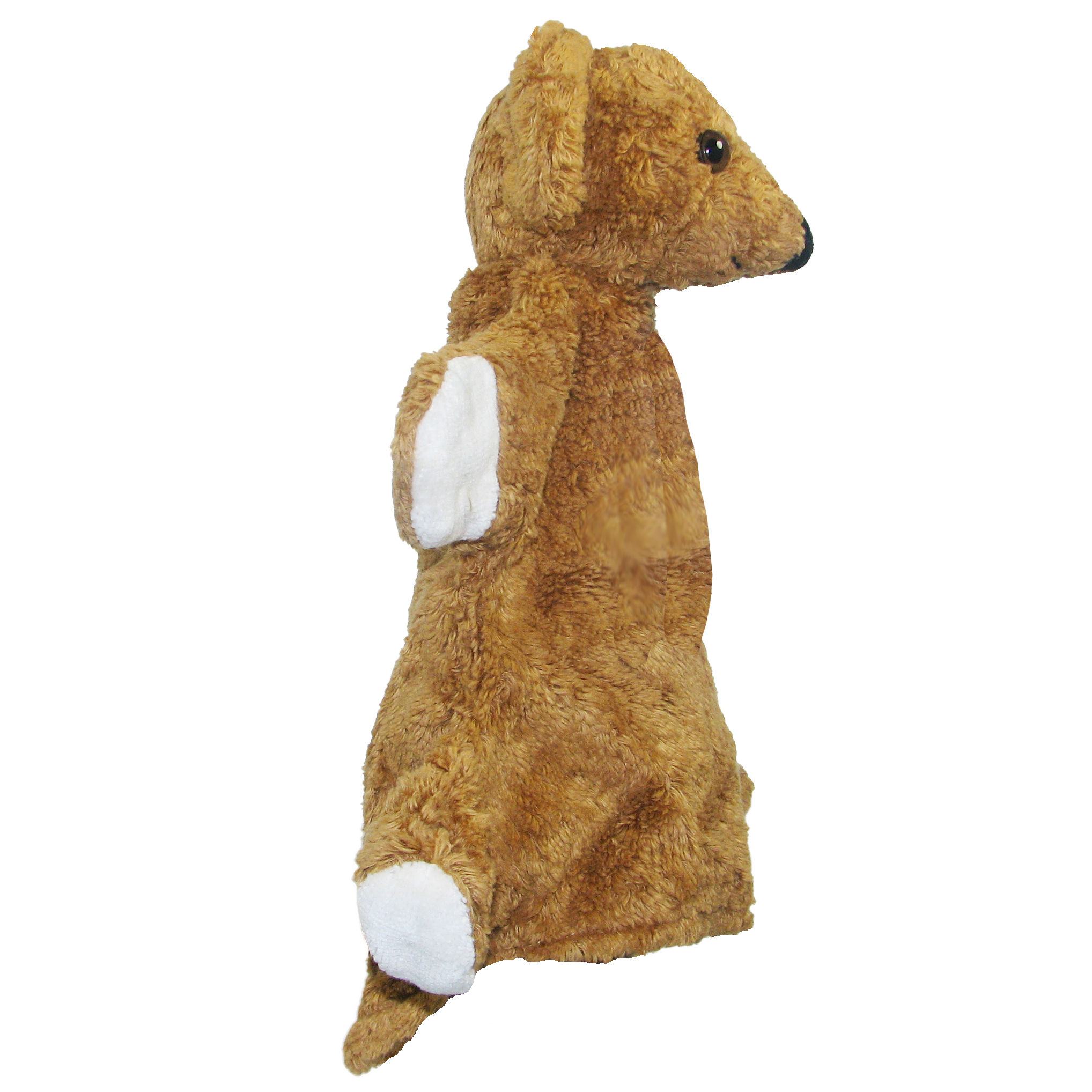 Kallisto Handpuppe Bär braun, Seitenansicht mit weißer Pfote und spitzer Schnauze