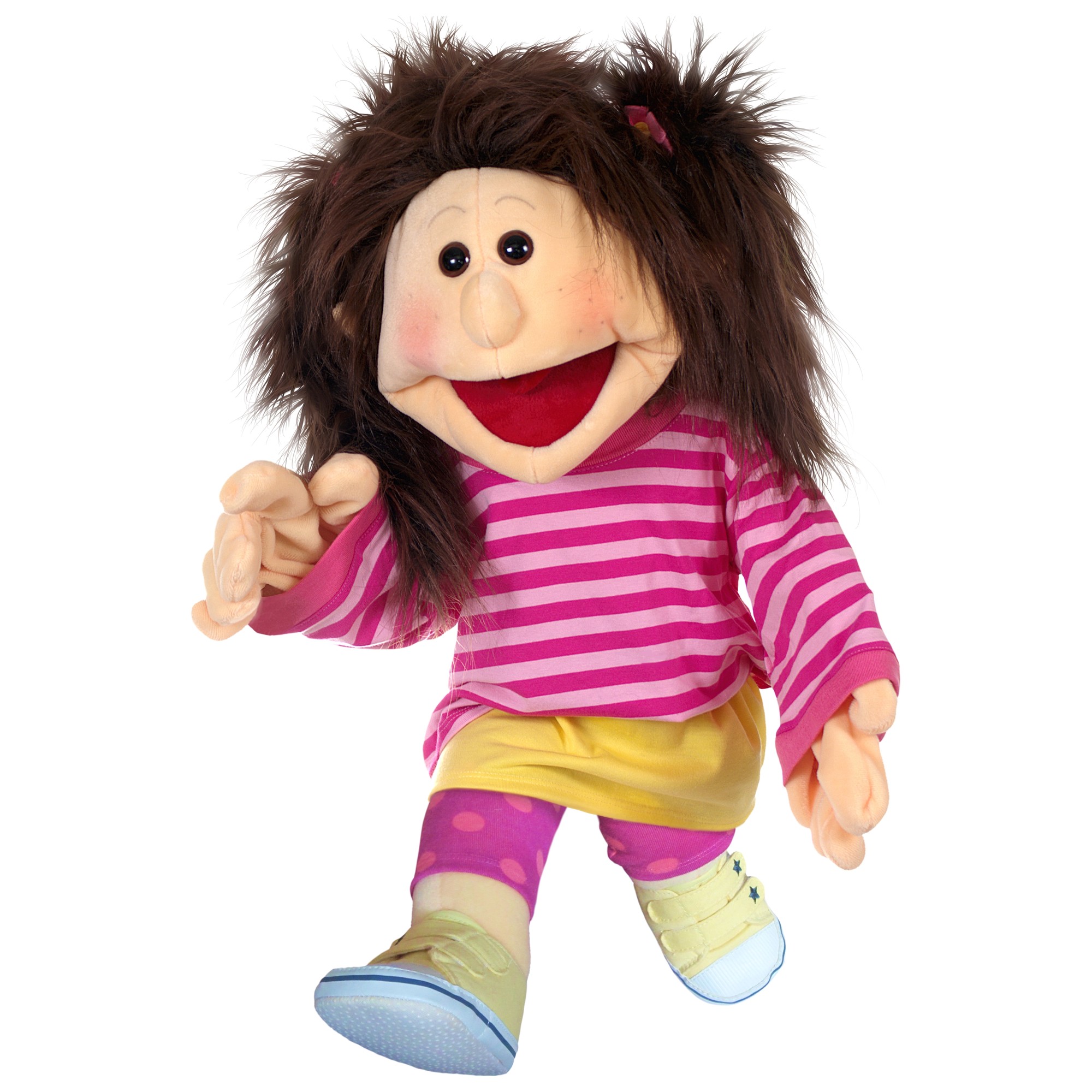 Living Puppets Handpuppe Finja mit dunklem Haar, pink gestreiftem Shirt und gelbem Rock