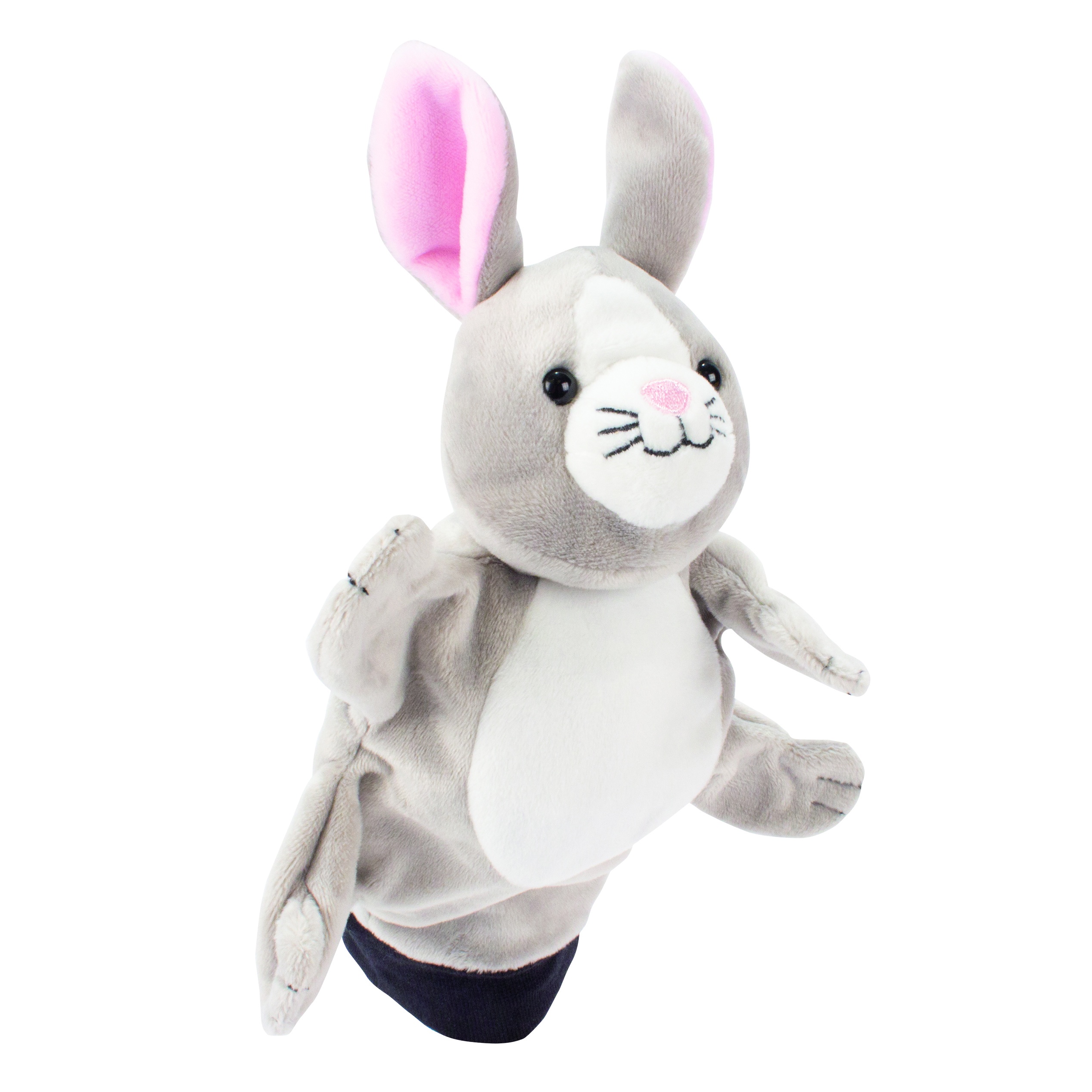 Beleduc hand puppet rabbit with grey fur, a white belly and long ears with pink insides