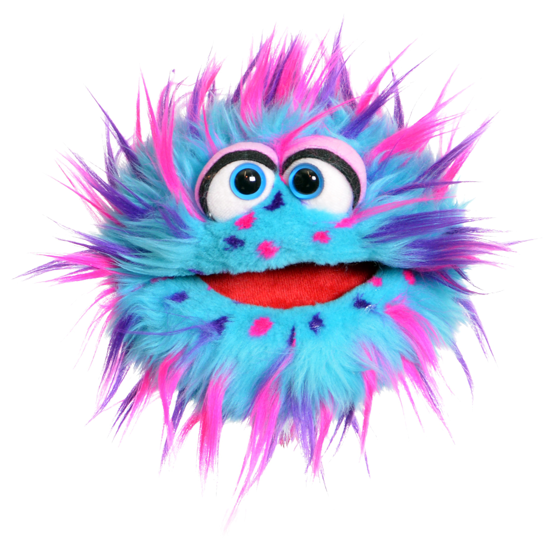 Living Puppets Handpuppe Plops, blaues Zottelmonster mit rosa-lila Strähnen und Punkten und geöffnetem rotem Mund, Frontalansicht