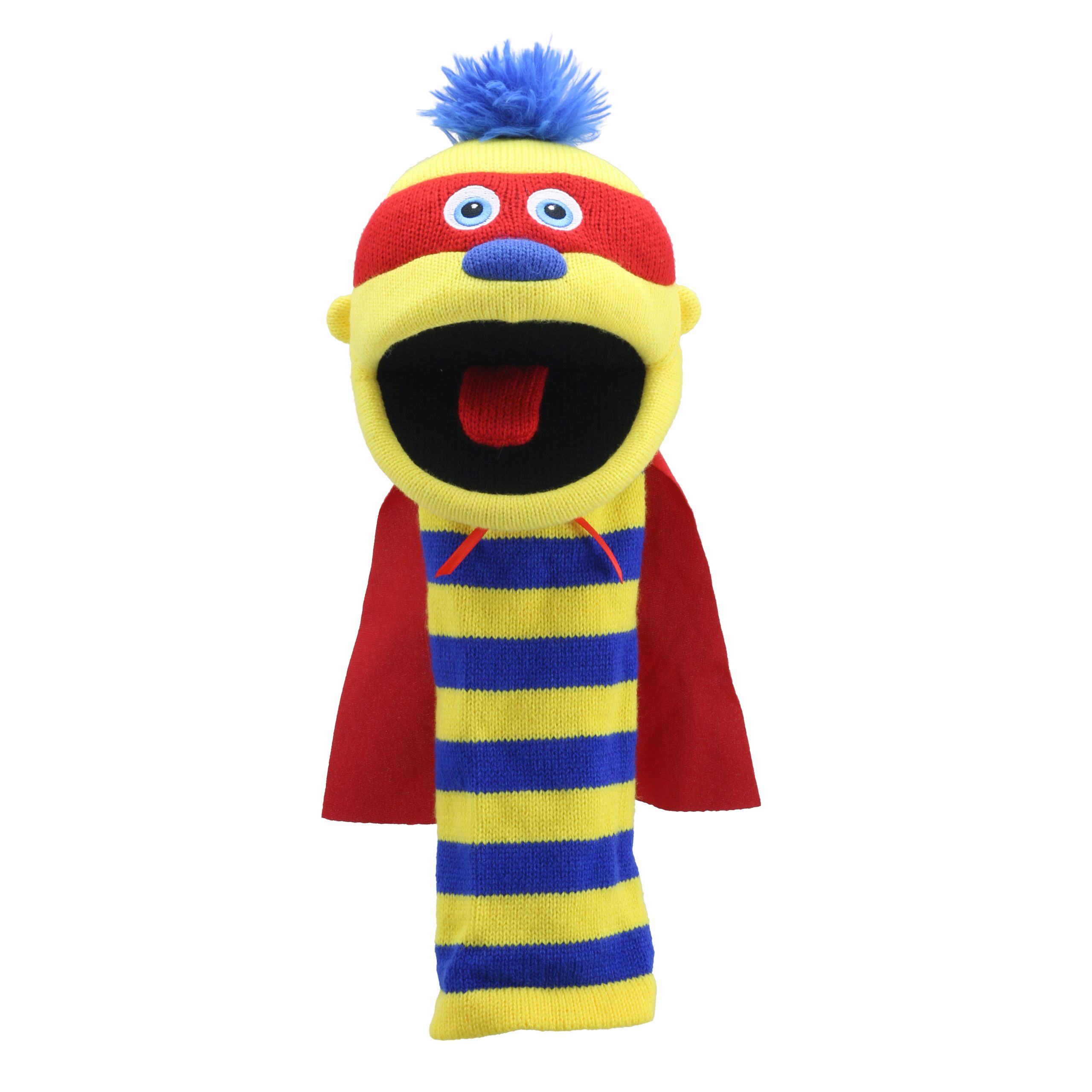 The Puppet Company Sockenhandpuppe Zap, gelbes Superhelden-Monster mit rotem Umhang, Maske und blauem Haarschopf