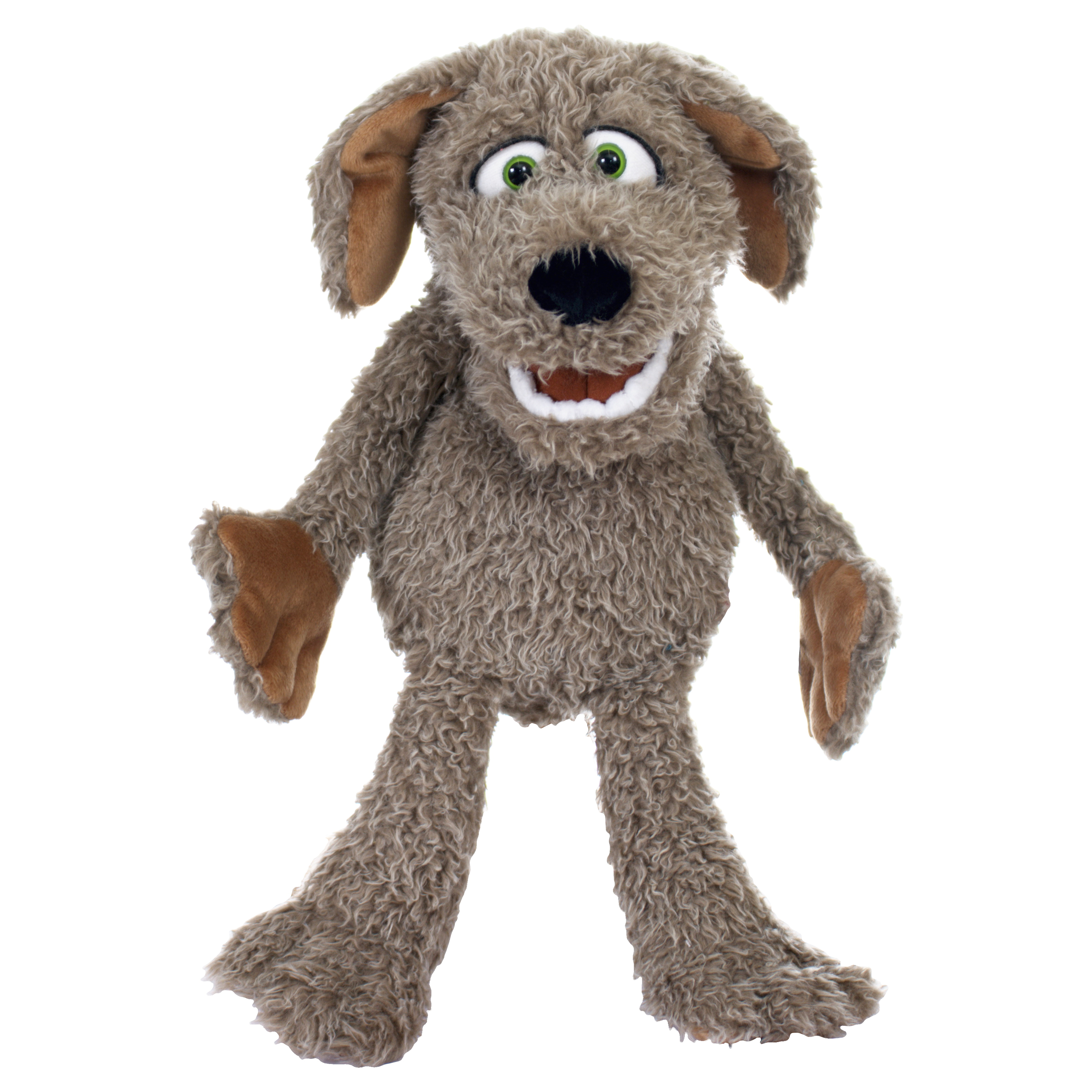 Living Puppets Handpuppe Locke der kleine Hund mit graubraunem Lockenfell, Schlappohren, grünen Augen und geöffnetem Maul