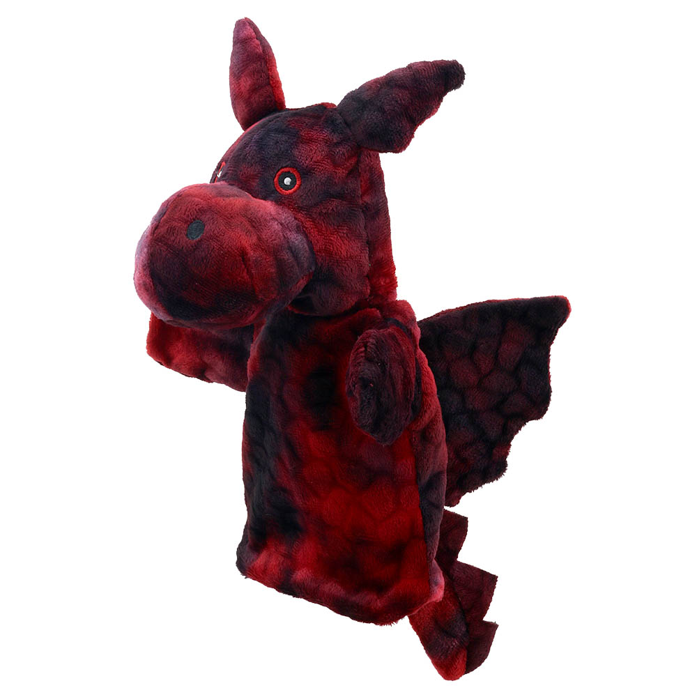 The Puppet Company baby hand puppet red dragon, red-black dragon with an outstretched wing, side view