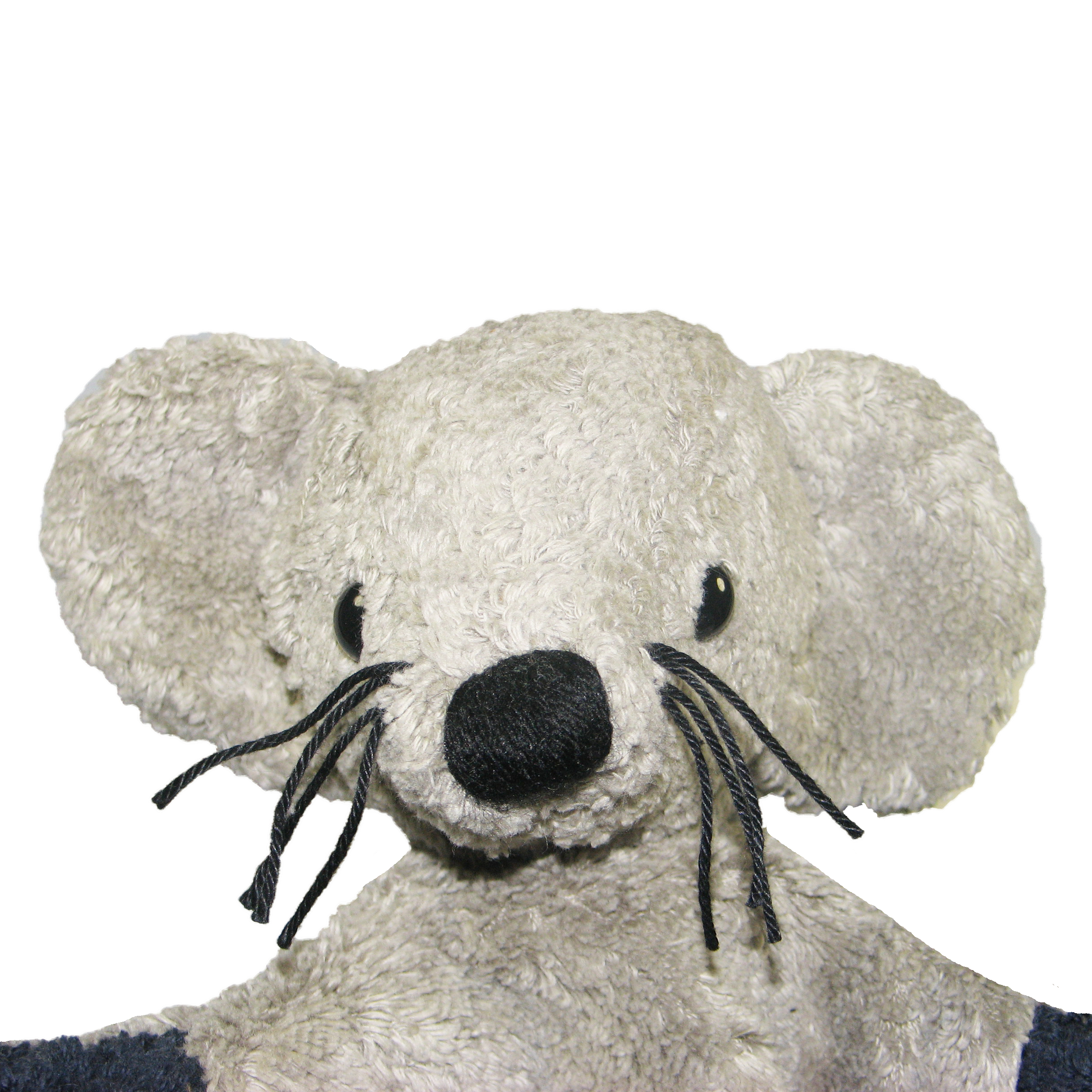 Kallisto Handpuppe Maus grau, Porträt mit großen runden Ohren, schwarzer Nase und langen dunklen Schnurrhaaren