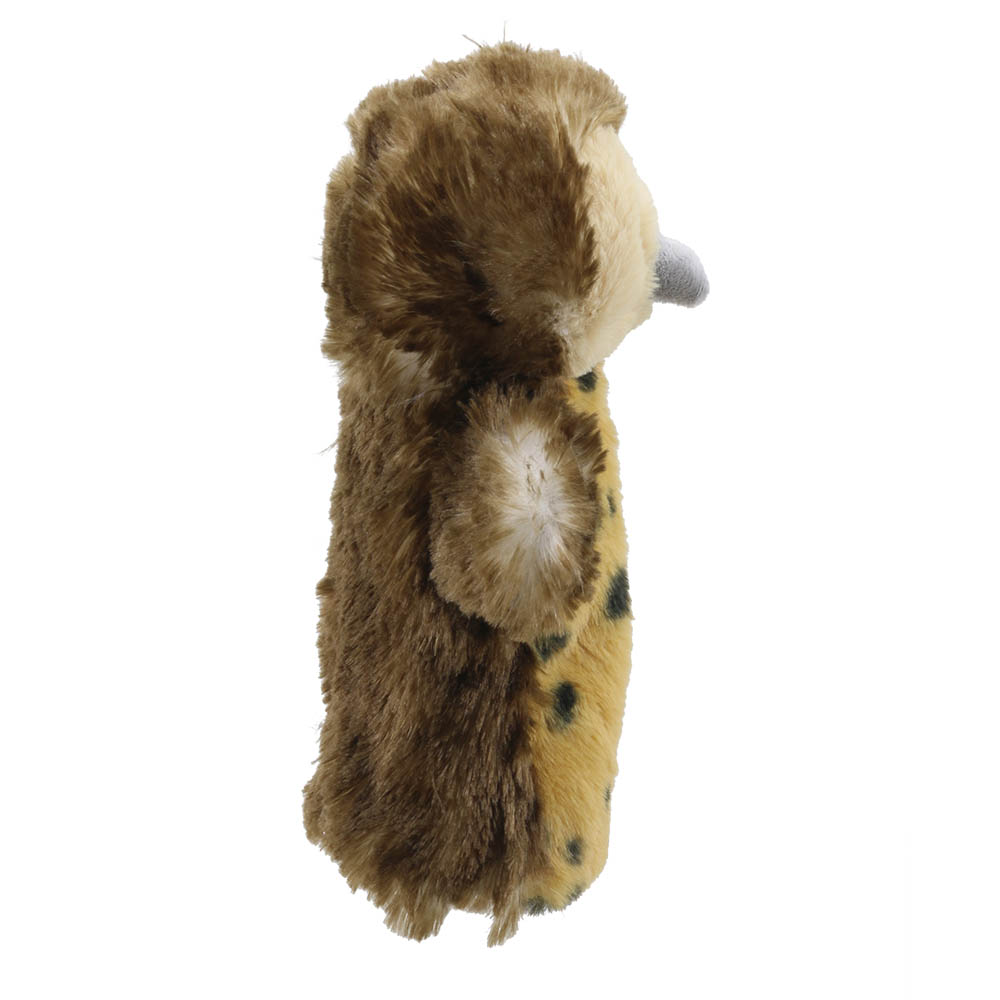The Puppet Company Baby-Handpuppe Eule, Nahaufnahme im Profil mit spitzen Federohren und weißem Schnabel