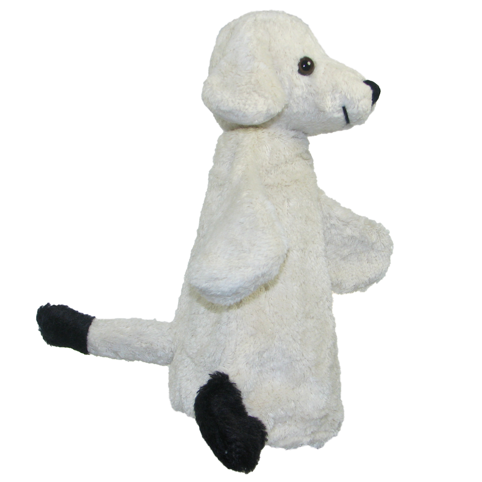Kallisto Handpuppe Hund Bello Seitenansicht, cremeweiße Handpuppe aus Naturmaterial mit schwarzem Schwanz und schwarzer Pfote