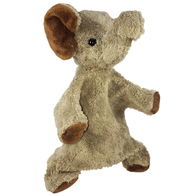 Kallisto Handpuppe Elefant grau, Frontansicht mit braunen Ohren und braunen Pfoten
