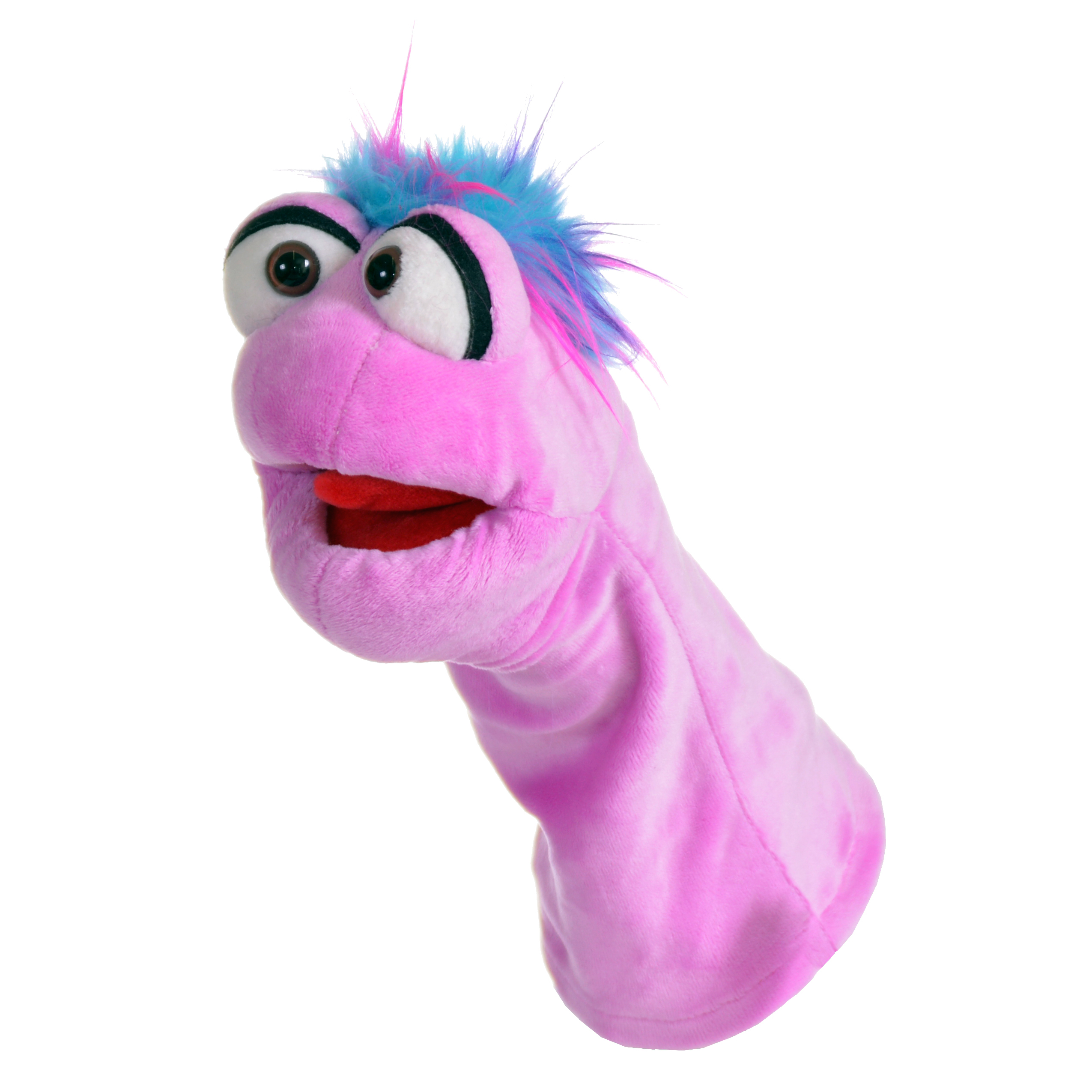 Living Puppets Strumpfhandpuppe Tüffelchen, rosa mit blau-lila Haarschopf und rotem Mund, Seitenansicht