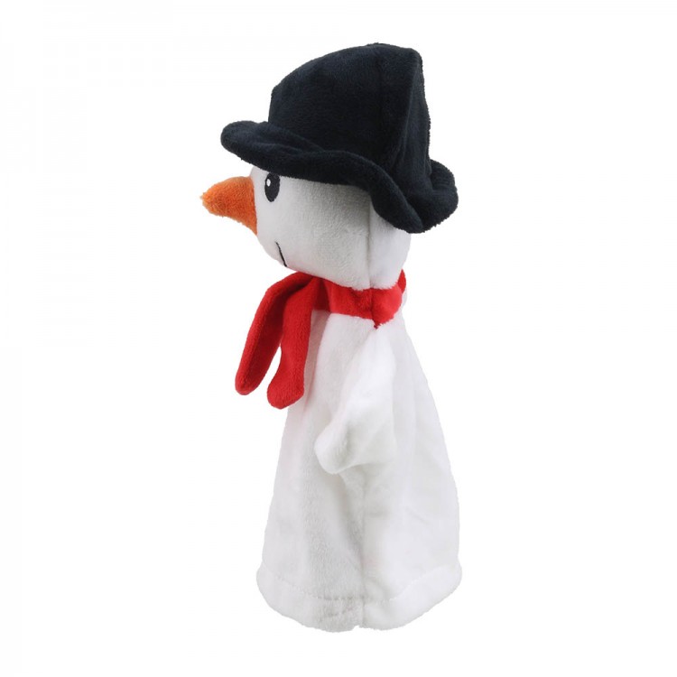 The Puppet Company Baby-Handpuppe Schneemann, Seitenansicht mit Karottennase und rotem Schal