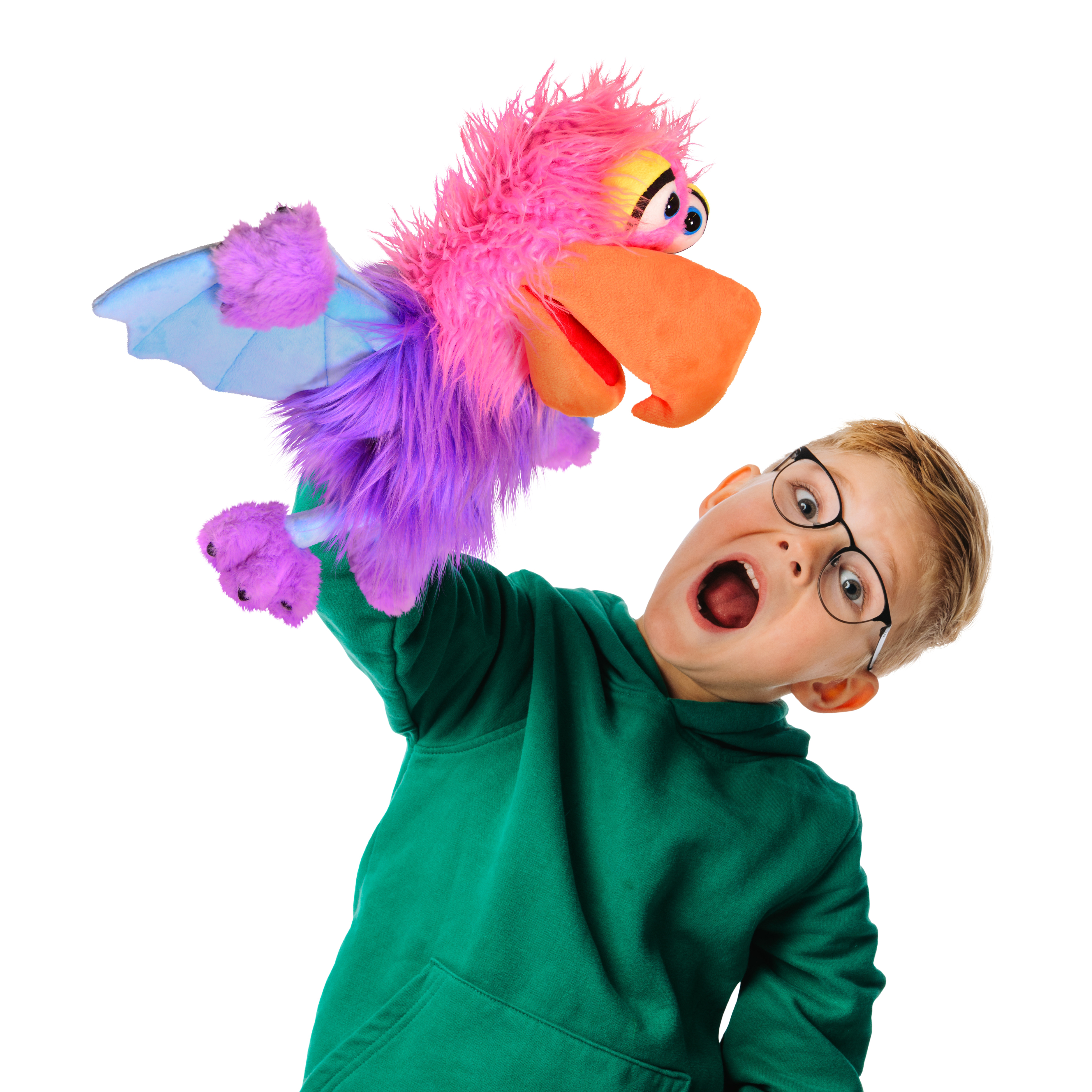 Child holding the Living Puppets hand puppet Schnäck, the pink and purple bird with an orange beak, on one hand, usage example