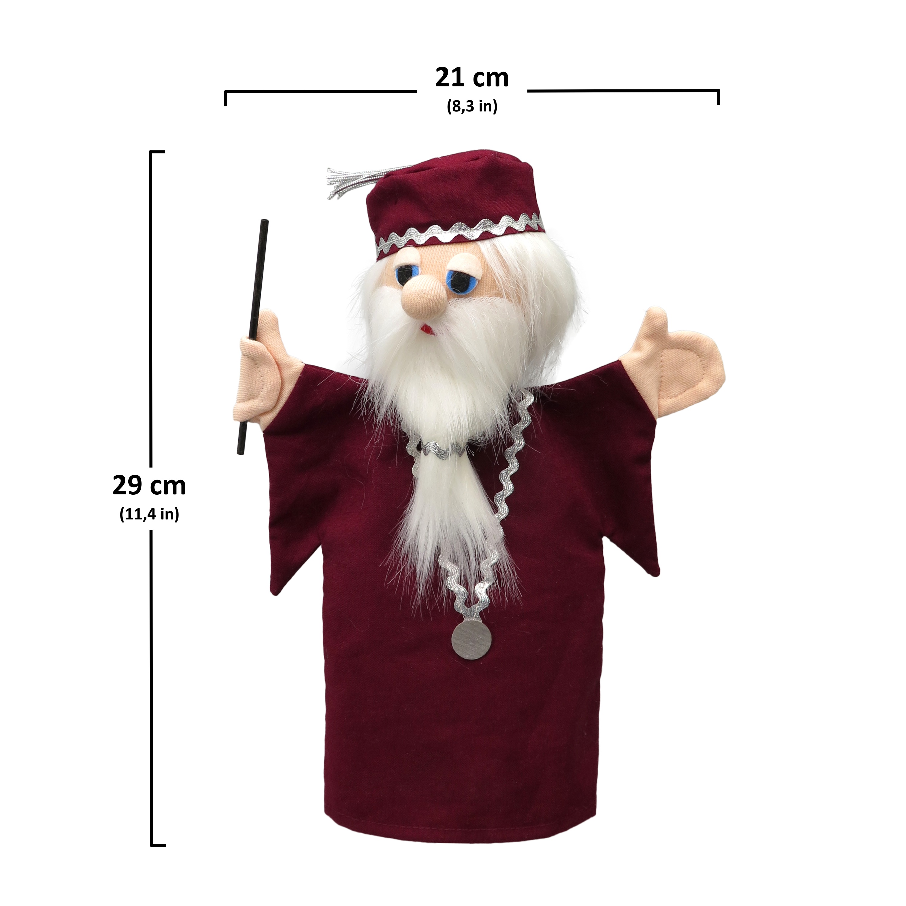 Kasperlepuppe Magier von munabo mit weißem Bart, weinroter Kappe und Zauberstab, Produktbild mit Größenangaben