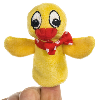 Heunec Fingerpuppe Ente Schnatterinchen, gelbe Plueschente mit rot-weiss gepunkteter Schleife am Hals, auf Finger gesteckt