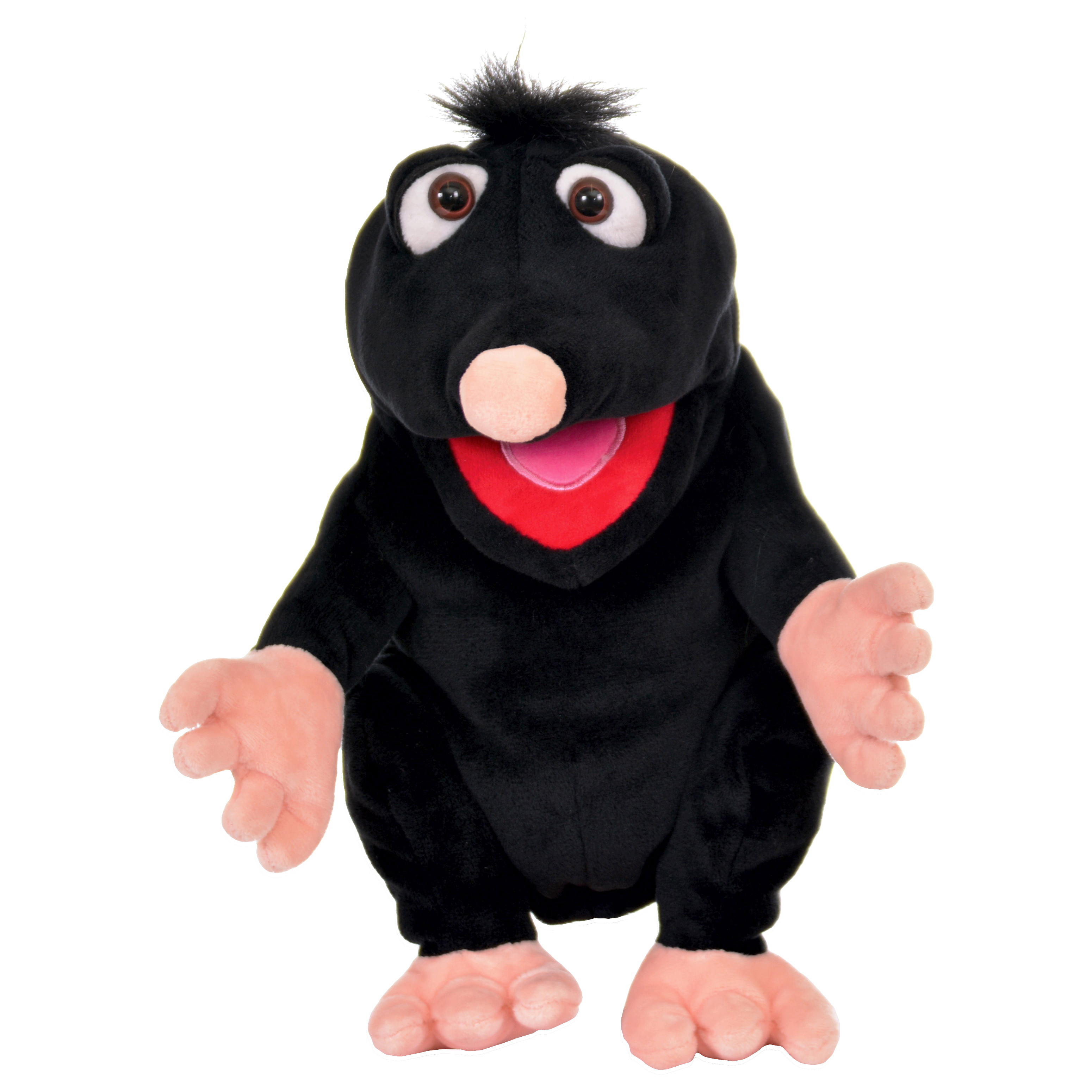Living Puppets Handpuppe Schwups der Hügelkönig, schwarzer Maulwurf mit rosa Nase, Händen und Füßen und rotem Mund