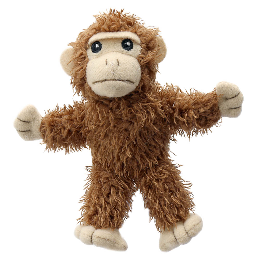 The Puppet Company finger puppet monkey, brown shaggy finger puppet with outstretched arms