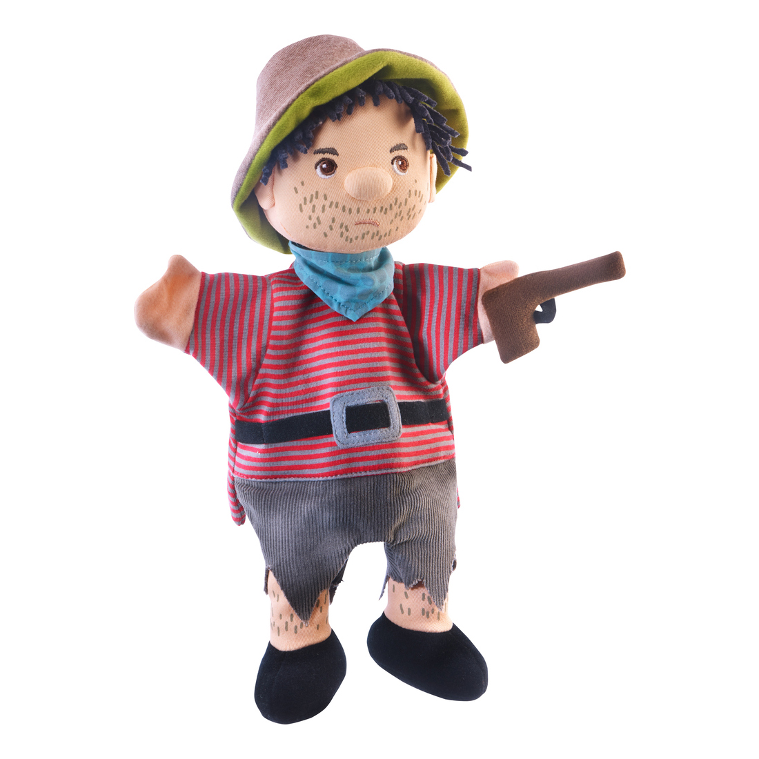 HABA Baby-Handpuppe Räuber, mit Spielzeugpistole in der Hand