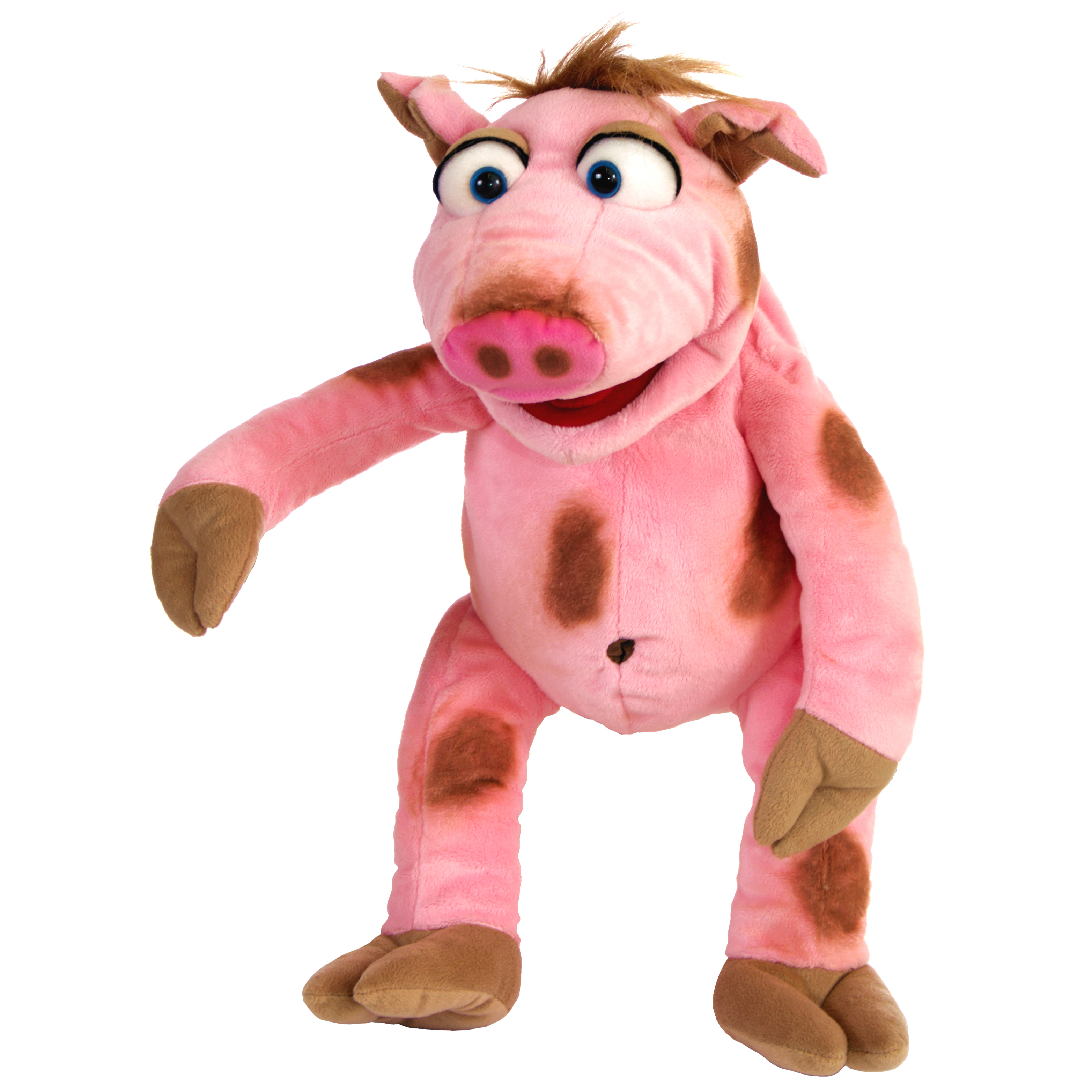Living Puppets Handpuppe Stulle das Schweinchen, rosa Schwein mit braunen Flecken, Hufen und rosa Rüssel, stehend mit ausgestrecktem Arm