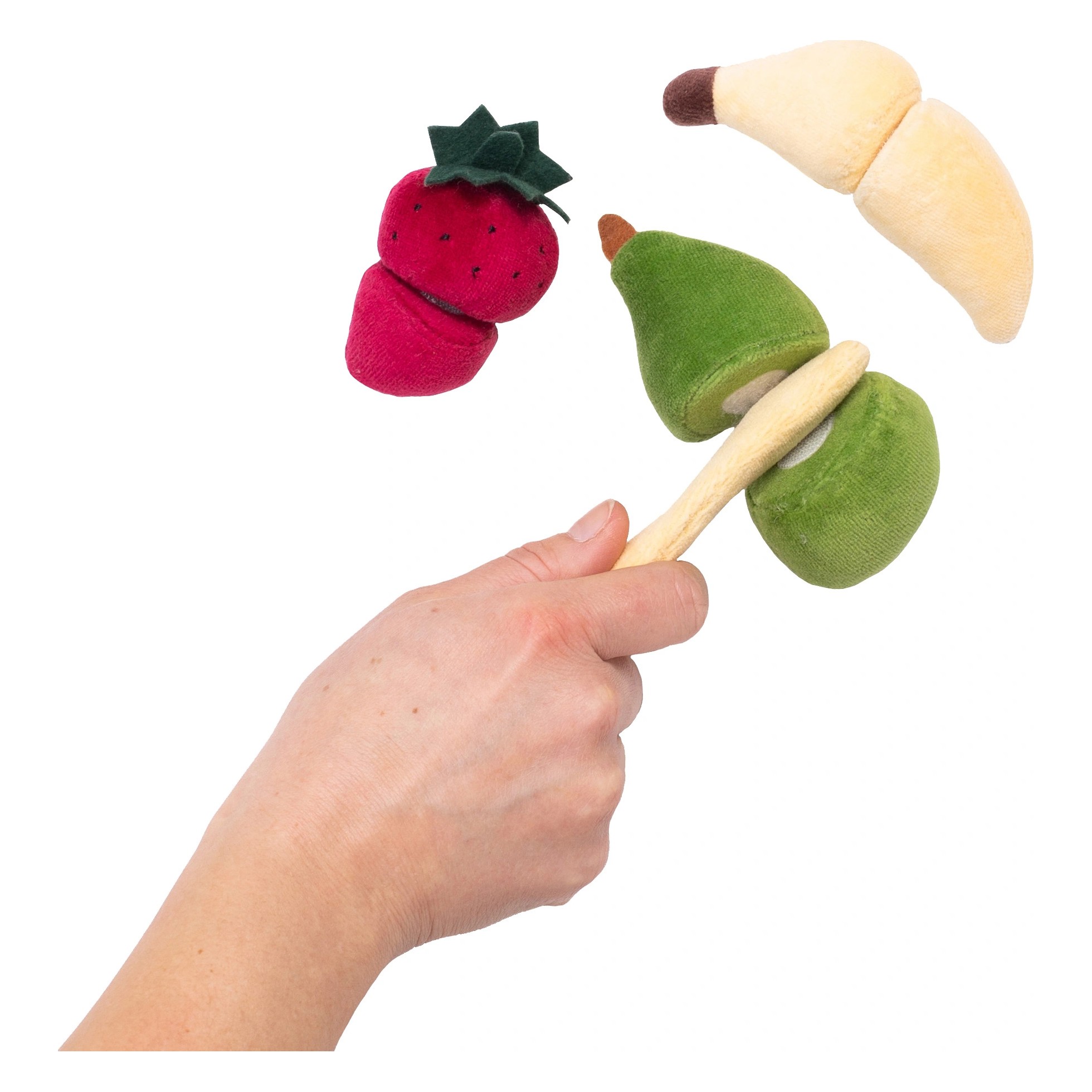 Plüsch-Obst des Rubens Barn Fütterungssets: Erdbeere, Birne und Banane am Stofflöffel