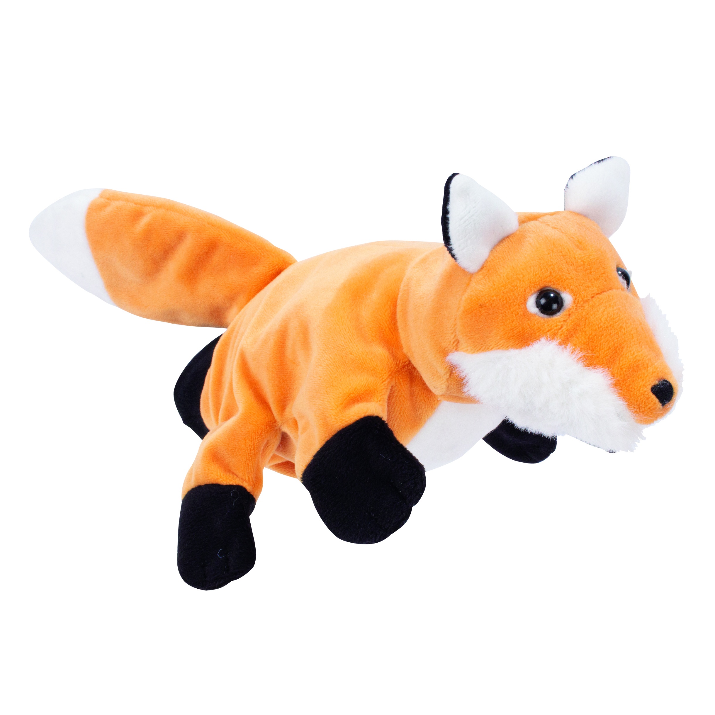 Beleduc hand puppet fox with orange fur, a white chest and black paws, lying pose