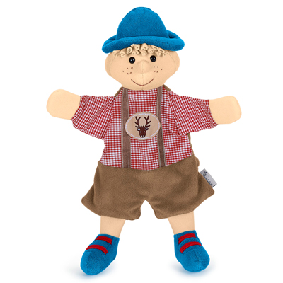 Sterntaler baby hand puppet Seppel, blue hat, red-and-white checked shirt with a deer motif and brown lederhosen