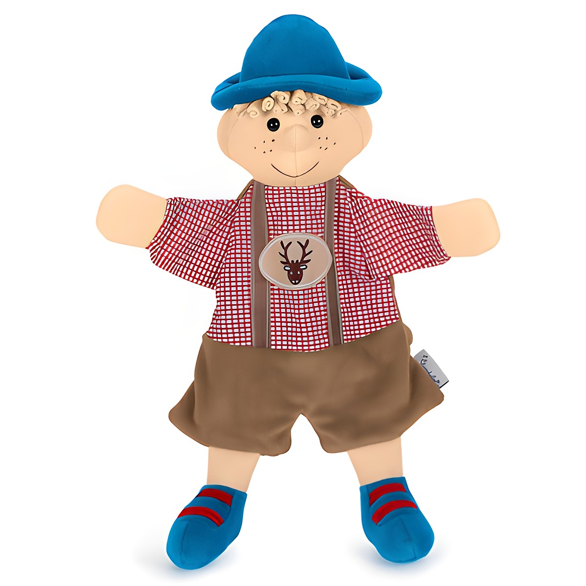 Sterntaler baby hand puppet Seppel, blue hat, red-and-white checked shirt with a deer motif and brown lederhosen