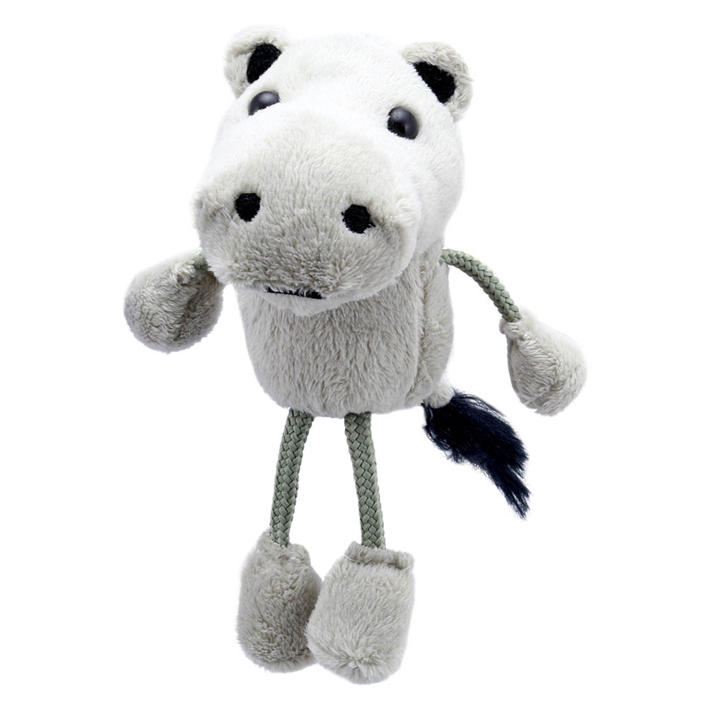 The Puppet Company finger puppet hippo, white and grey puppet with long fabric legs and a tail tuft