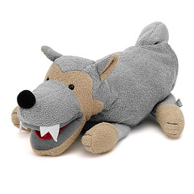 Sterntaler baby hand puppet wolf, lying pose with grey fur, a beige muzzle and sharp white teeth