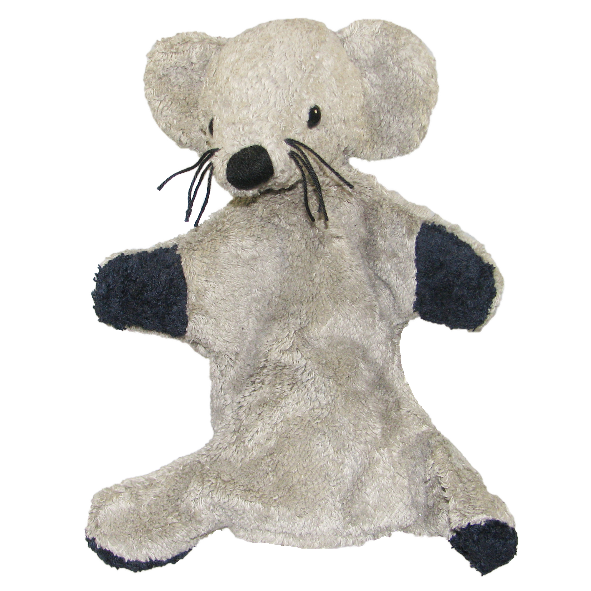 Kallisto Handpuppe Maus grau Frontansicht, graue Handpuppe aus Naturmaterial mit dunkelgrauen Pfoten und großen Ohren
