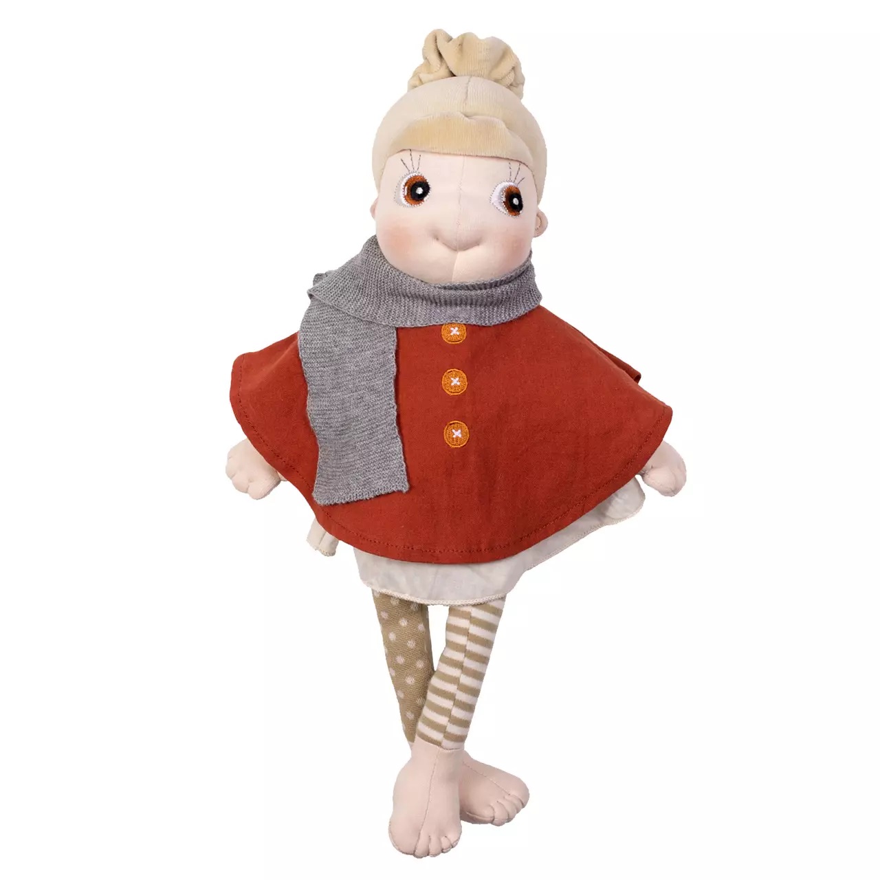 Rubens EcoBuds Puppe im Herbst-Poncho mit grauem Schal, stehend mit hellem Haardutt