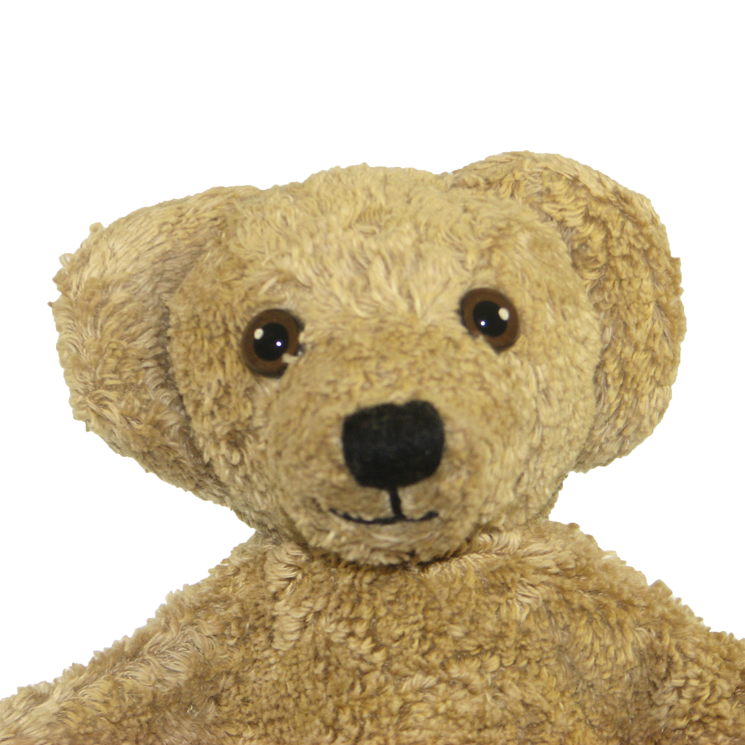 Kallisto Handpuppe Bär karamell, Gesichtsnahaufnahme mit schwarzer Nase und hellbraunem Fell